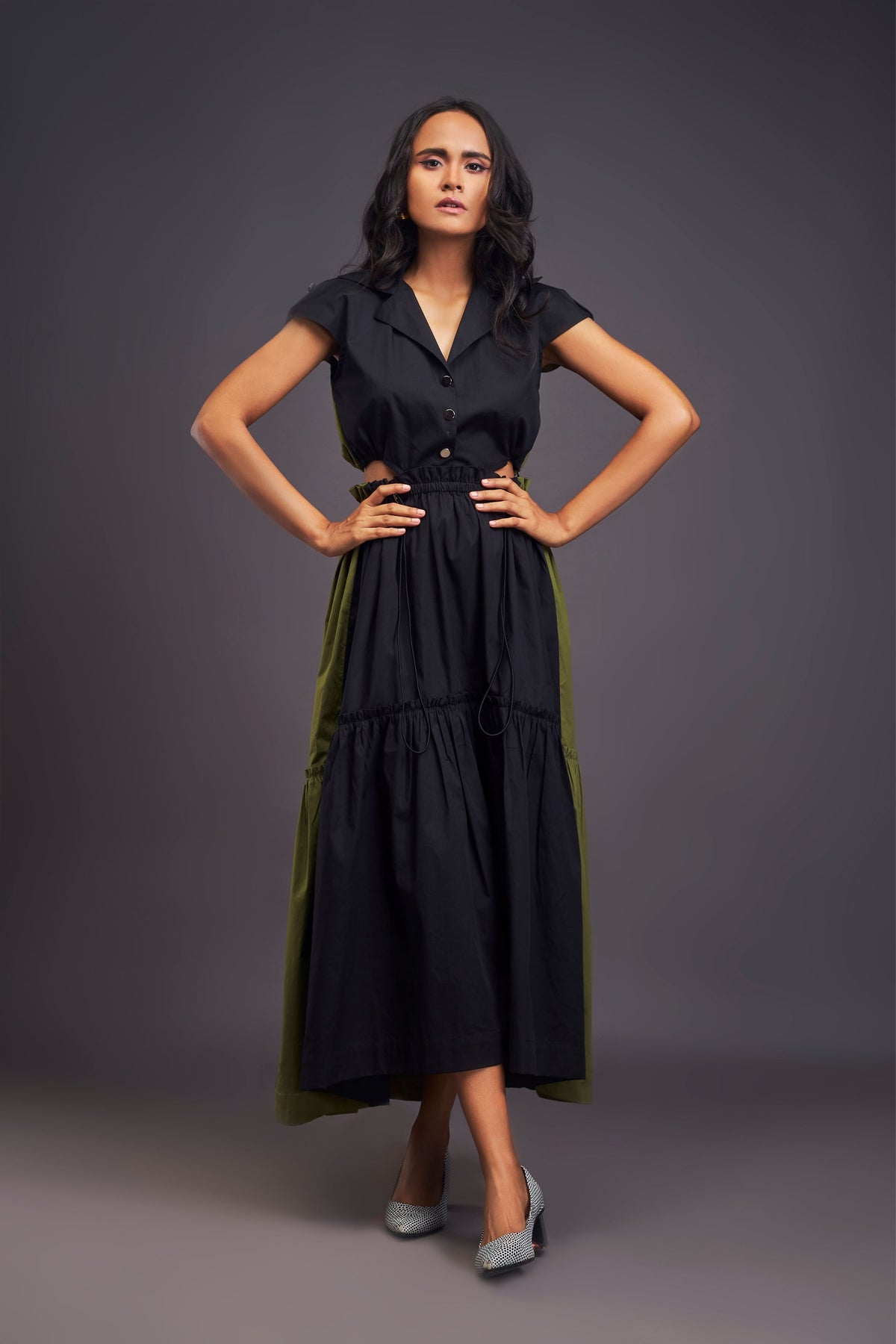 Lapel Collar Black and Green Long Dress