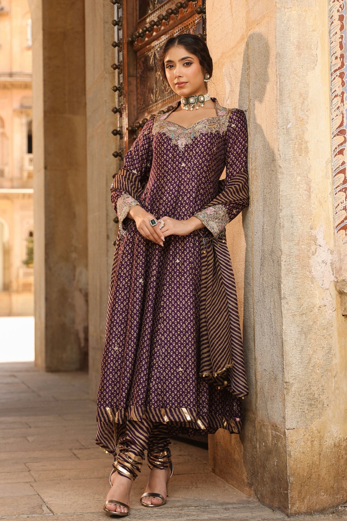 Riwayat Printed Purple Anarkali Set