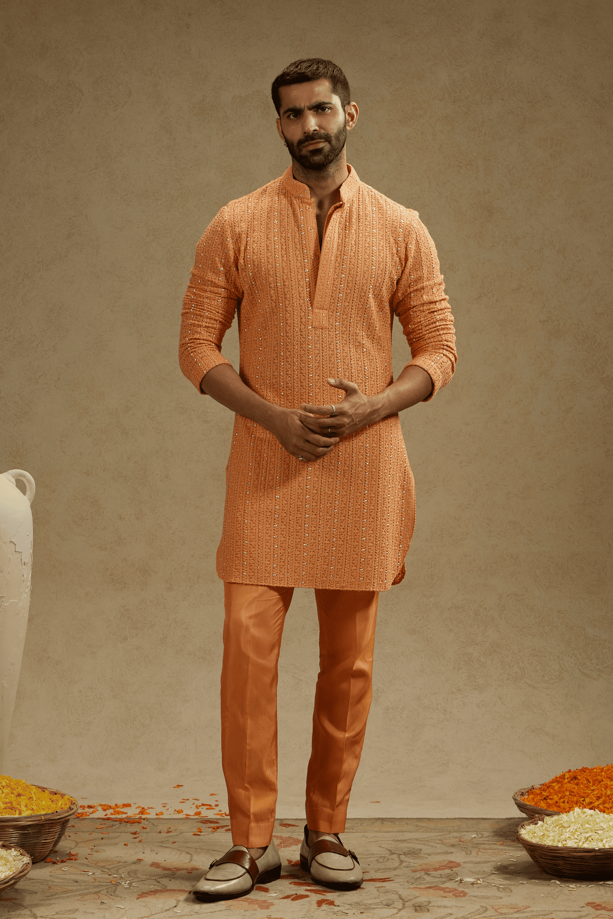 Orange Metal Embellished Lucknowi Kurta