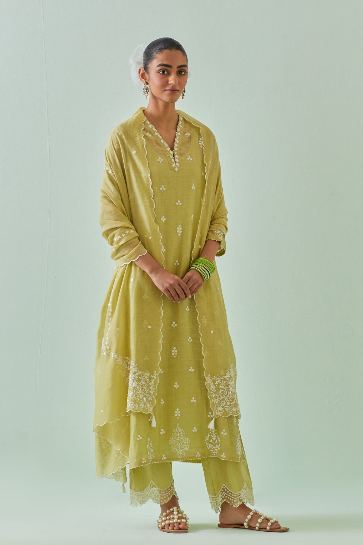 Green Embroidered Straight Kurta Set