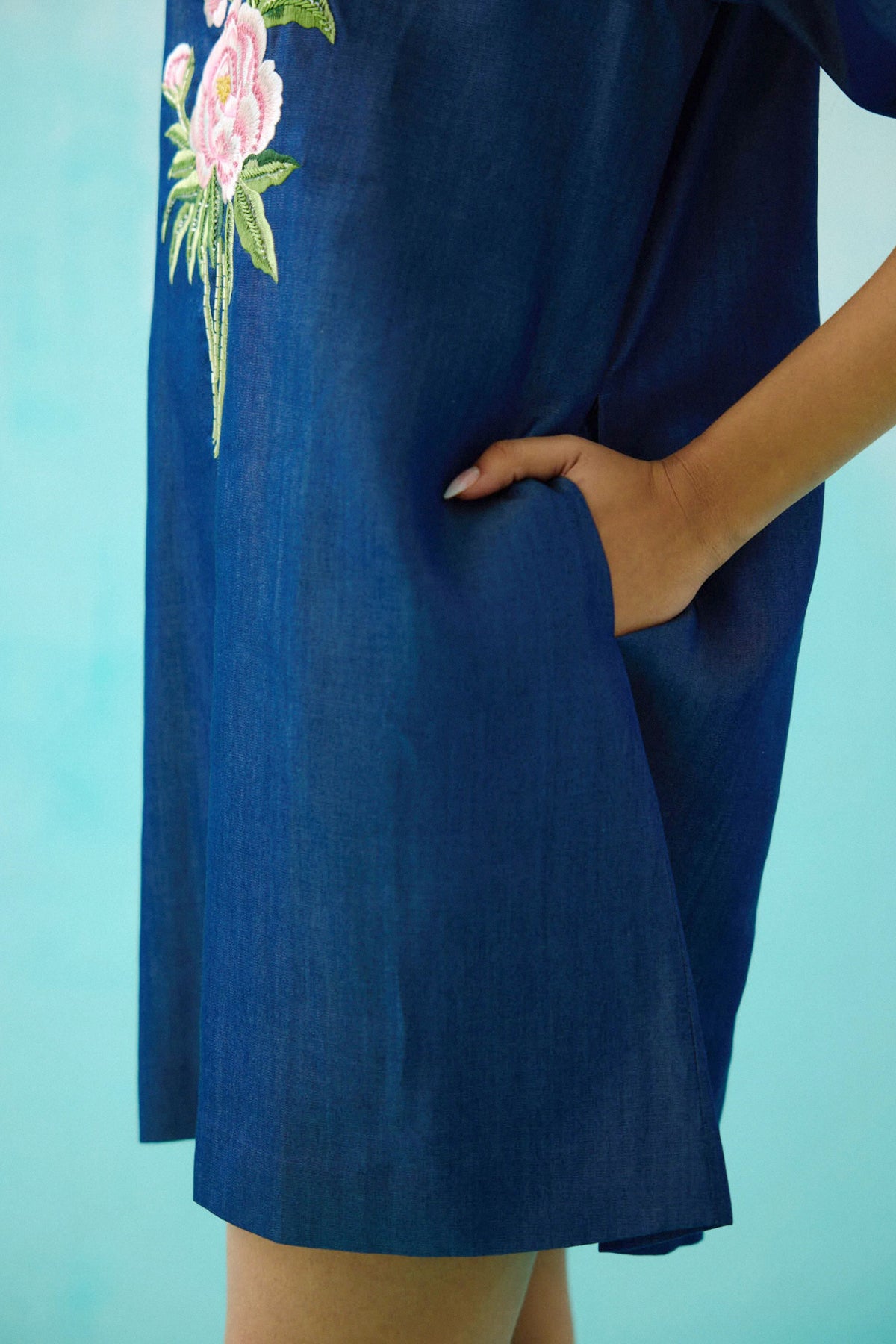 Denim Peony Embroidered Shift Dress