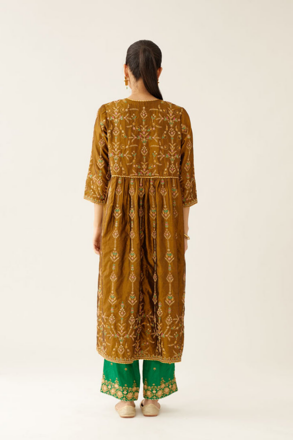 Golden Olive Silk Embroidered Kurta Set