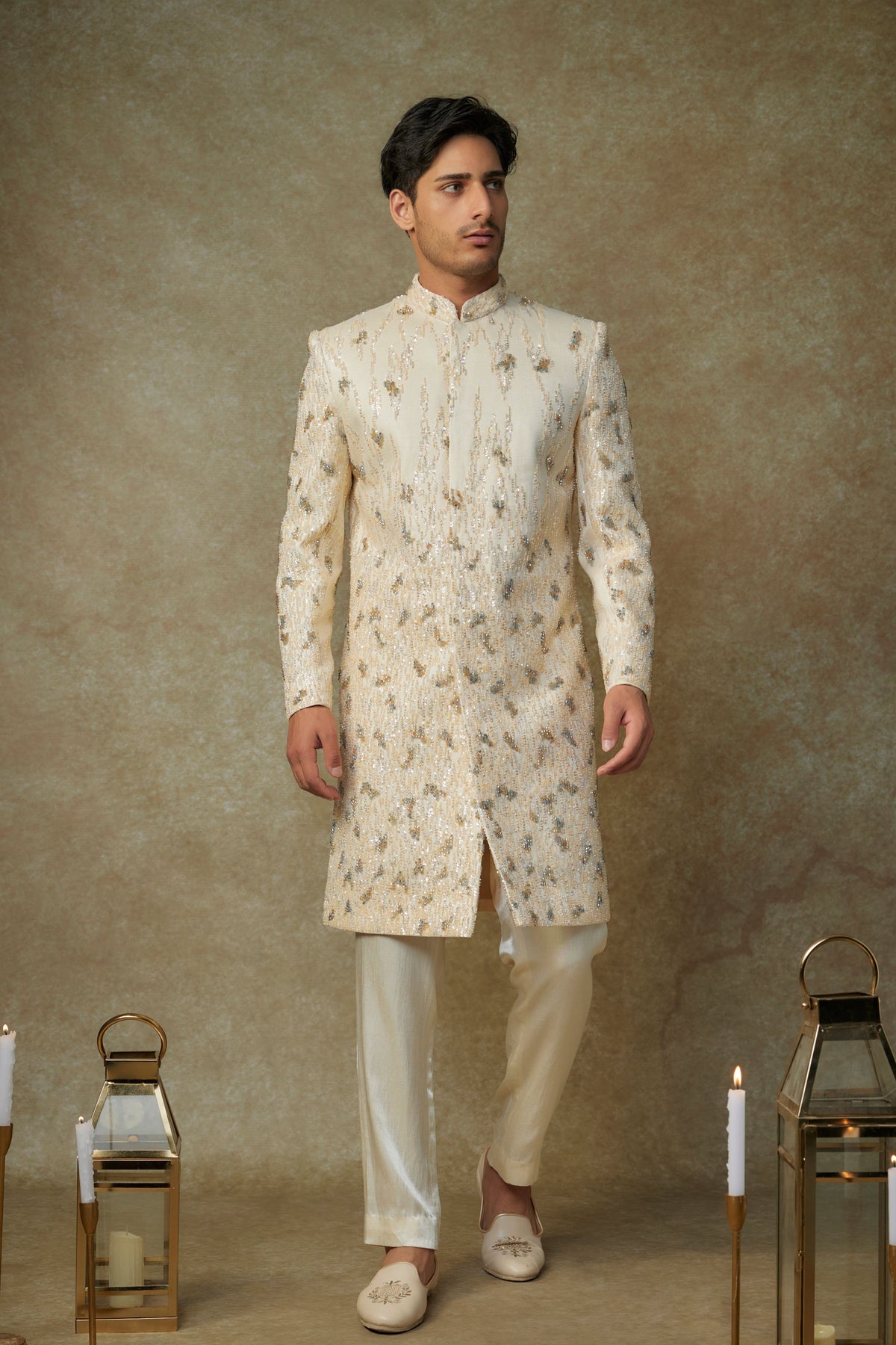 Beige Crystal Embroidered Sherwani Set