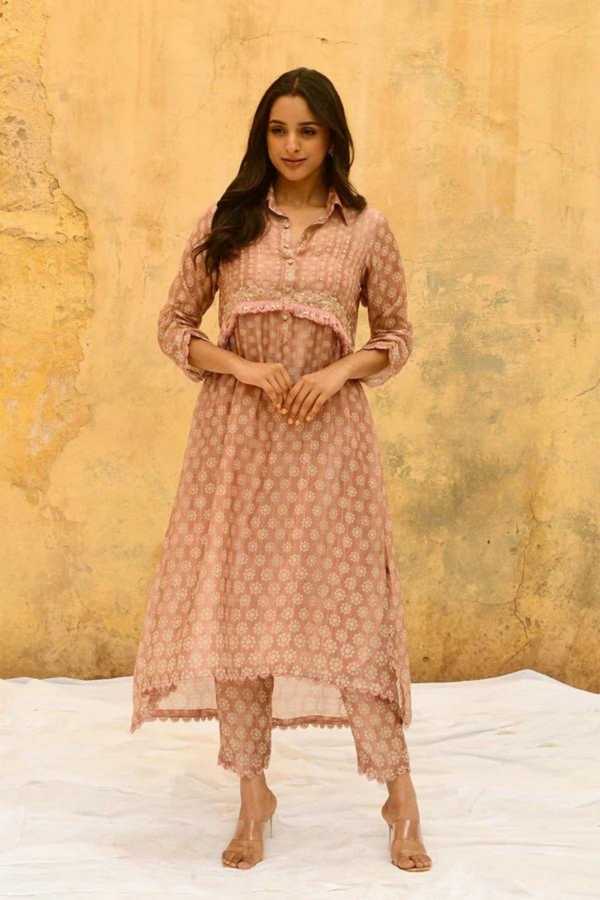 Pink Cascade Collar Kurta Set