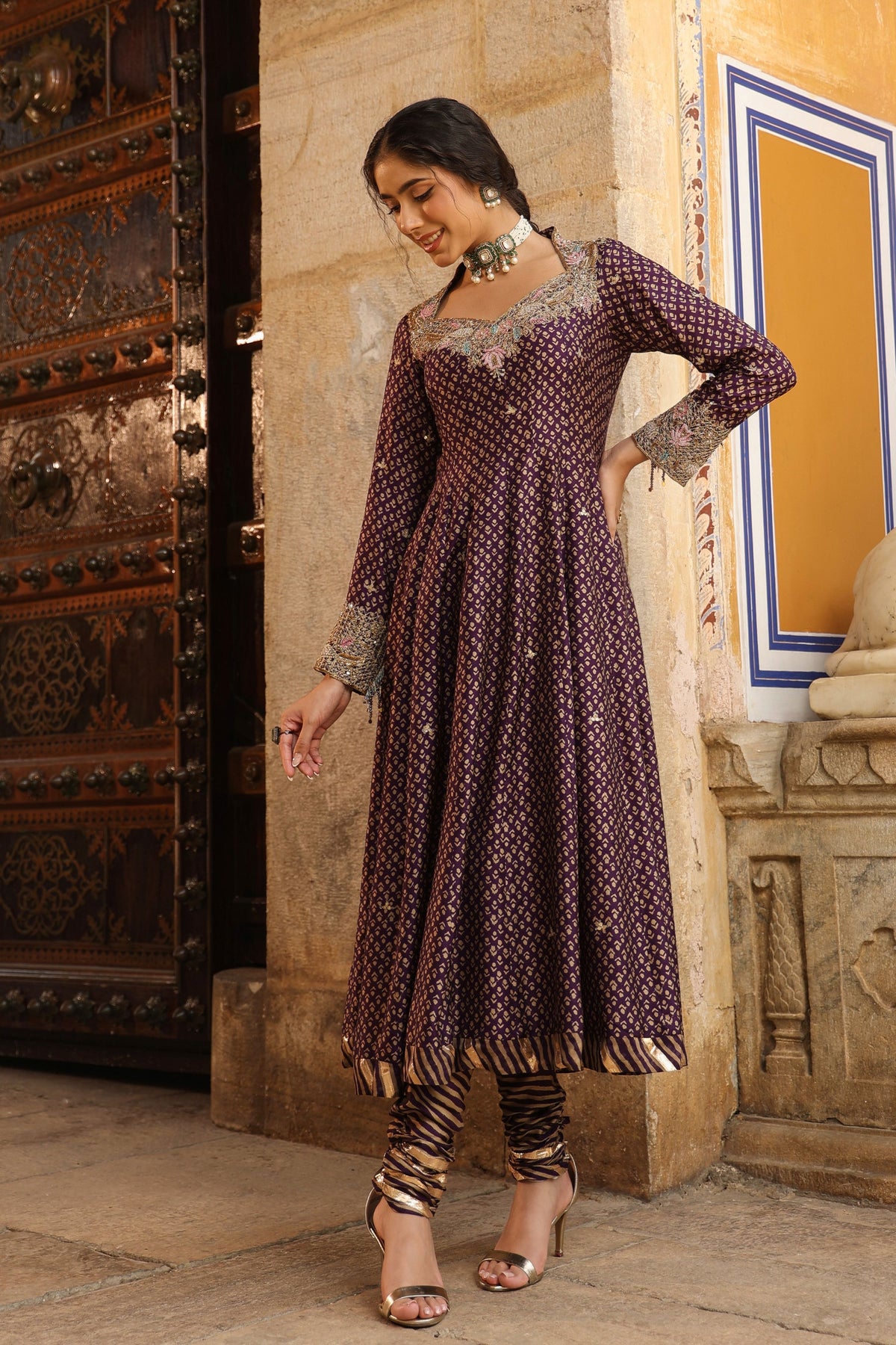 Riwayat Printed Purple Anarkali Set