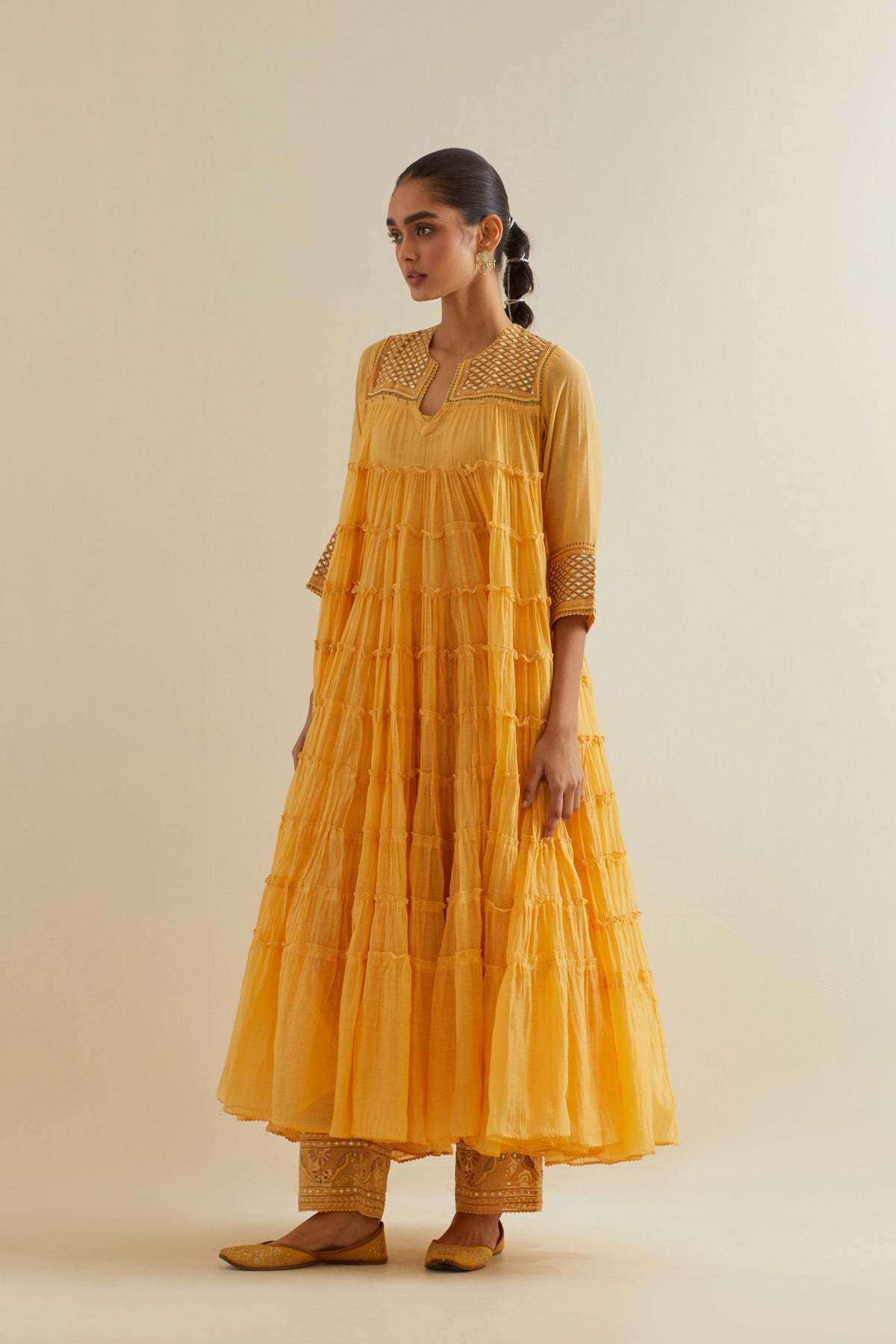 Yellow  Multi-tiered Kurta Set