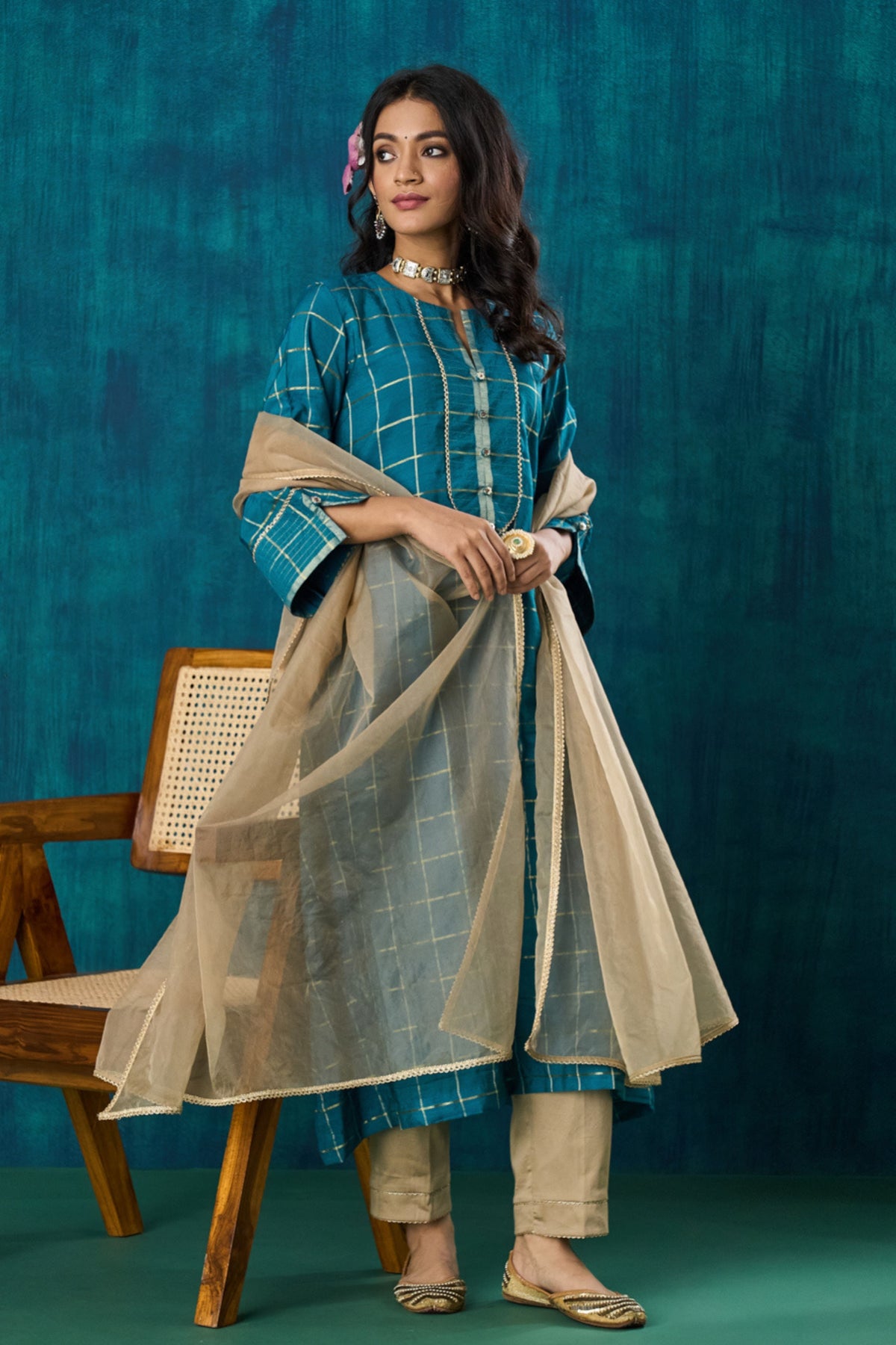 Turquoise Checks Kurta Sets