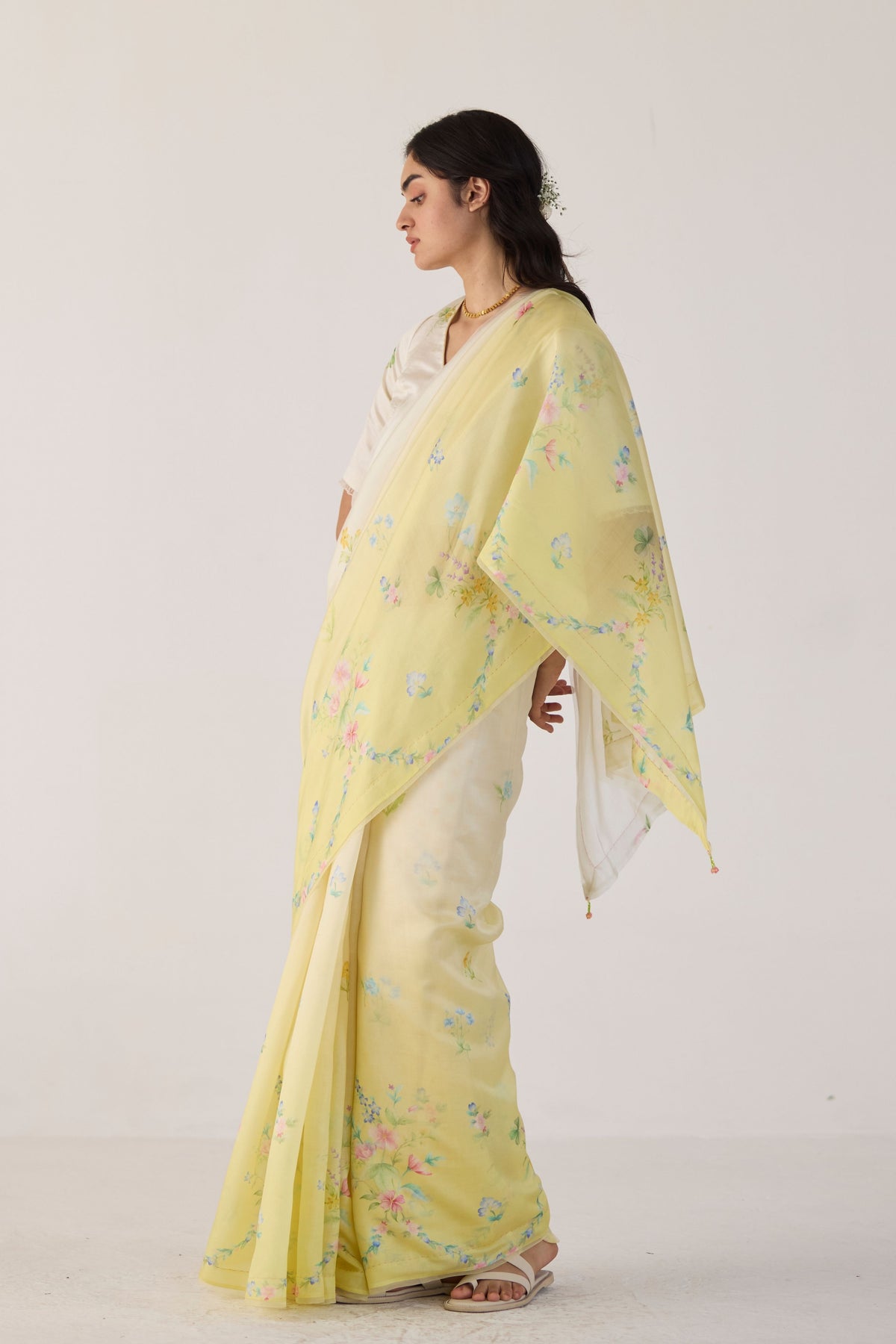 Yellow Clover Field Mulberry Organza Silk Sari