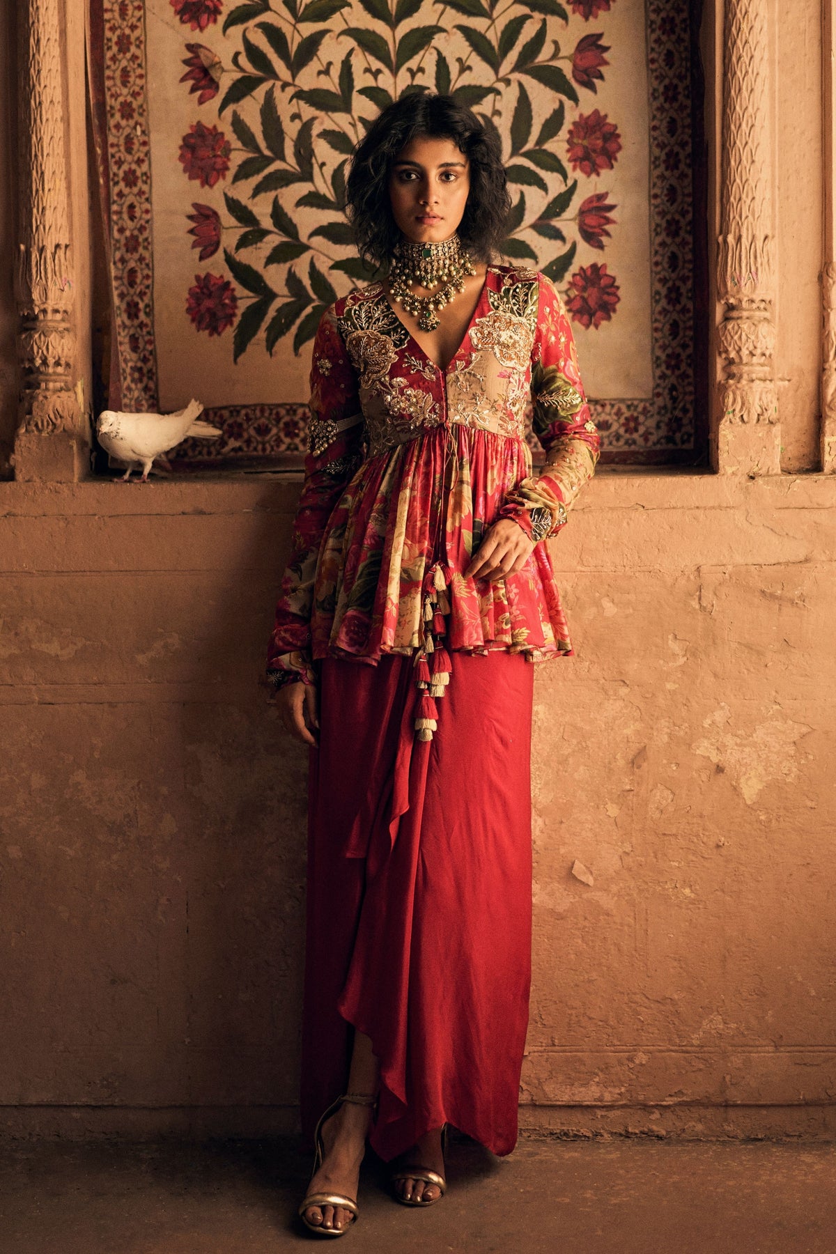 Red Floral Printed Peplum Set