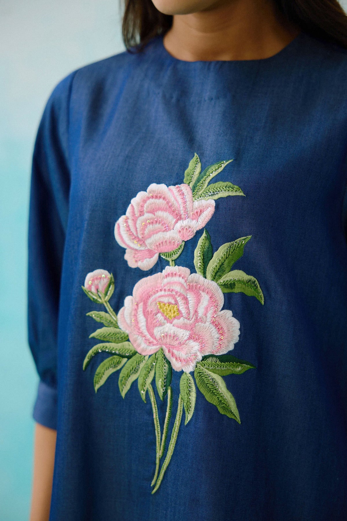 Denim Peony Embroidered Shift Dress