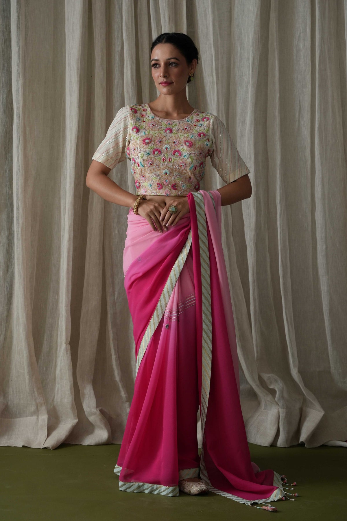 Fuschia and Ivory Saree Set