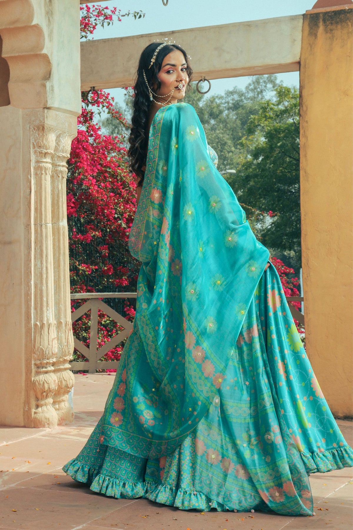 Aqua Embroidered and Printed Lehenga Set