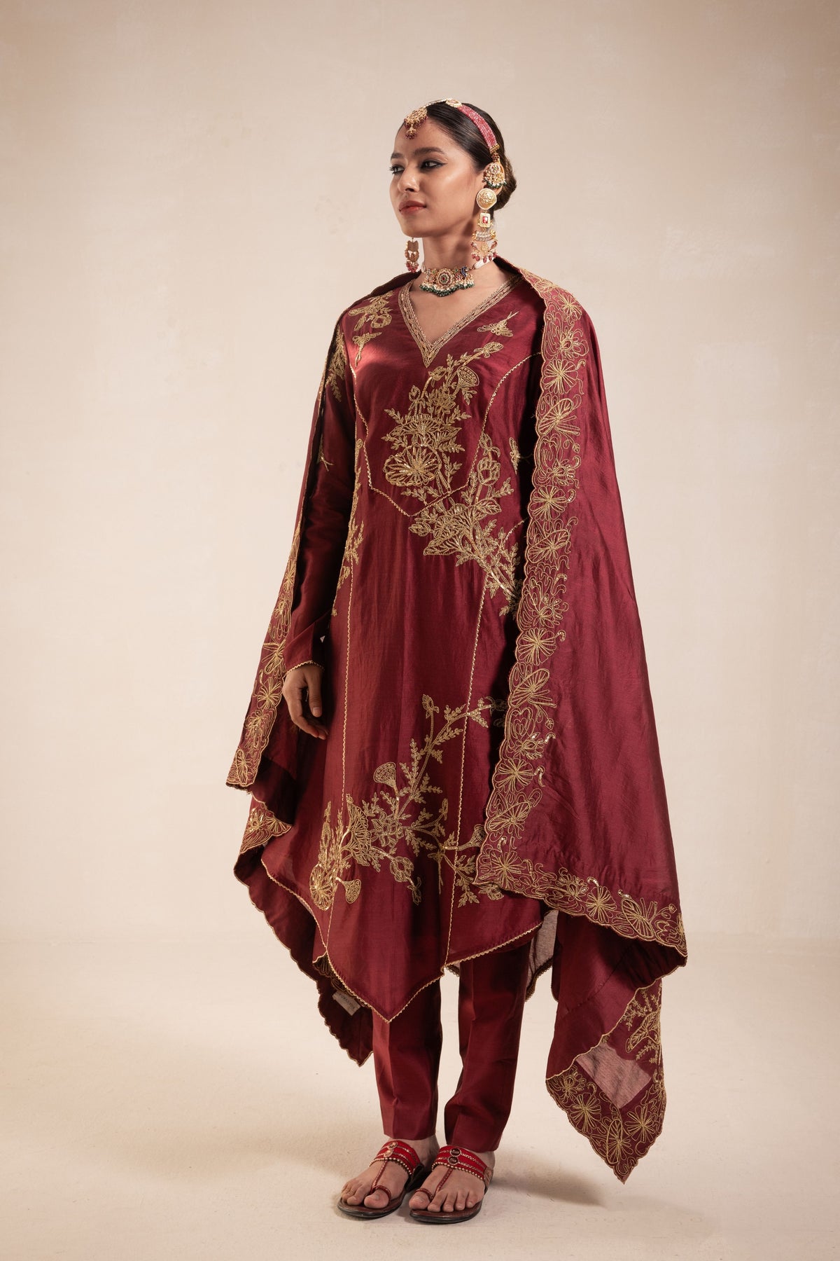 Maroon High Low Kurta Set