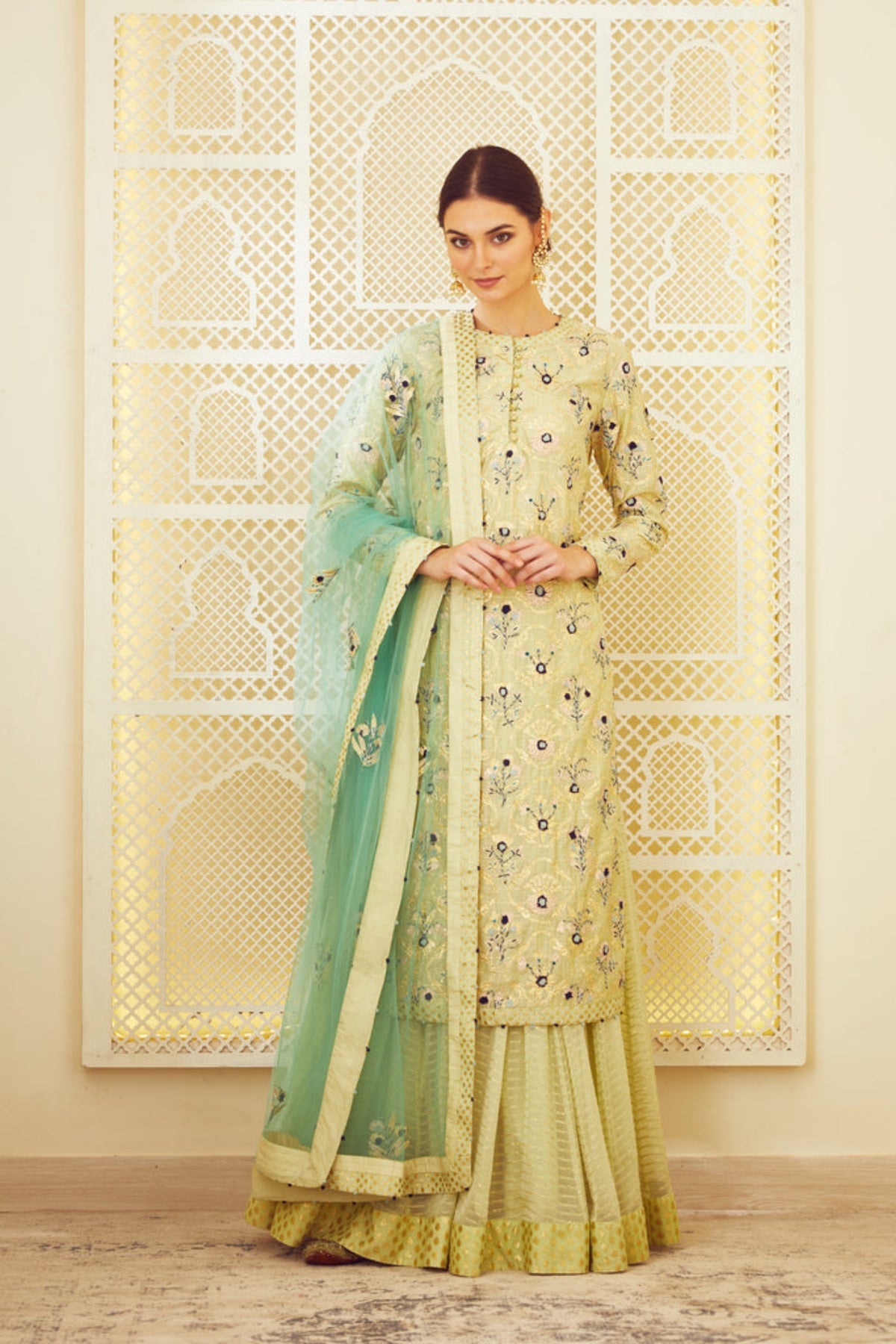 Lemon green kurta and skirt set