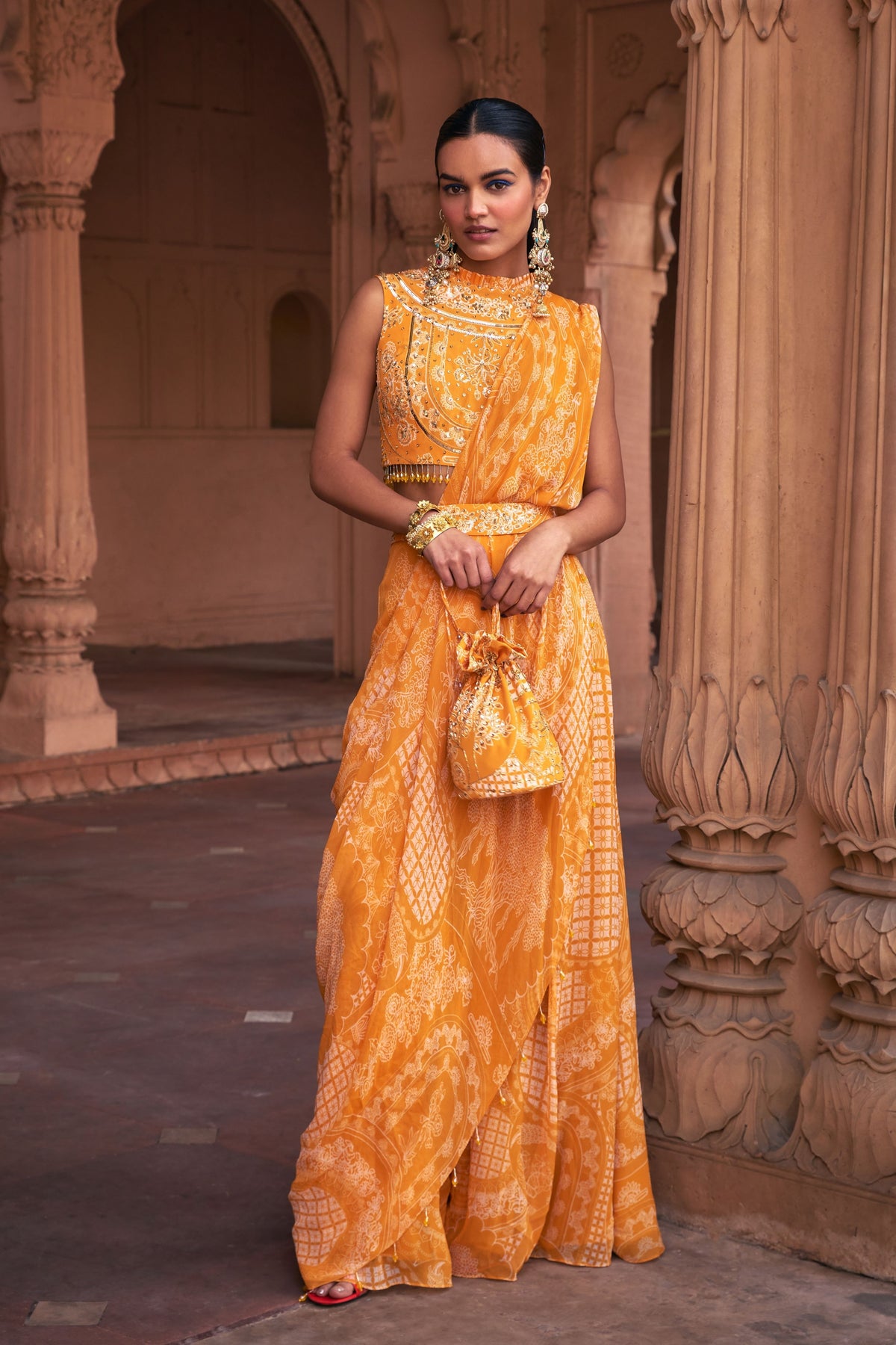 Mustard Sharara Saree Set