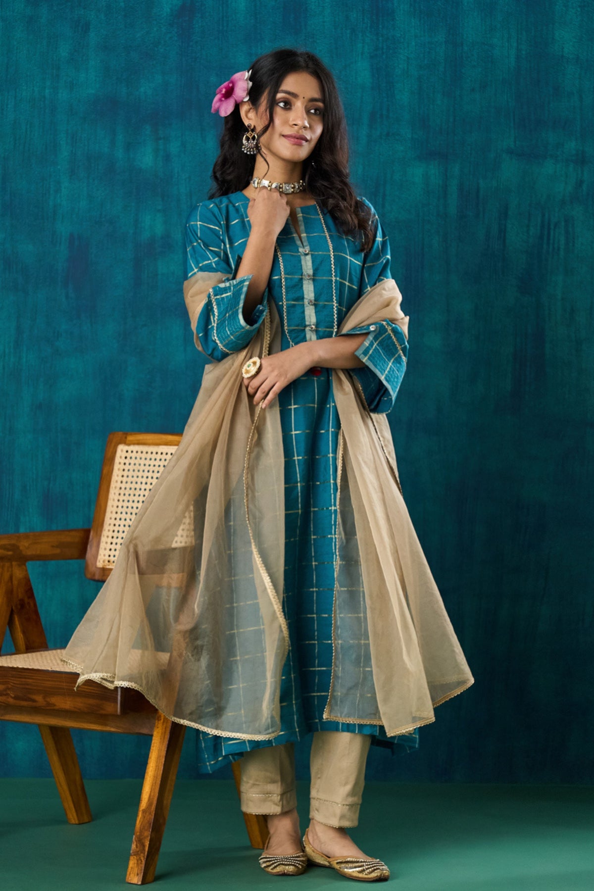 Turquoise Checks Kurta Sets