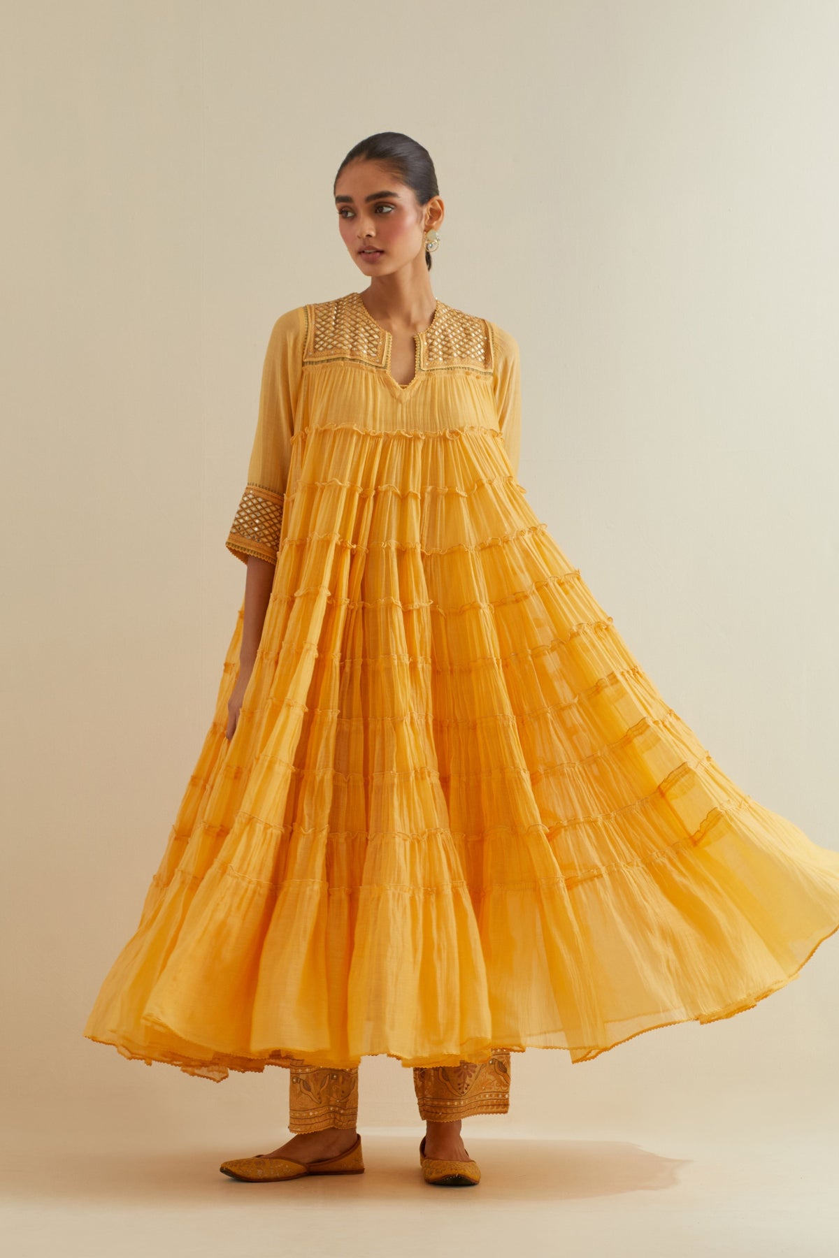 Yellow  Multi-tiered Kurta Set