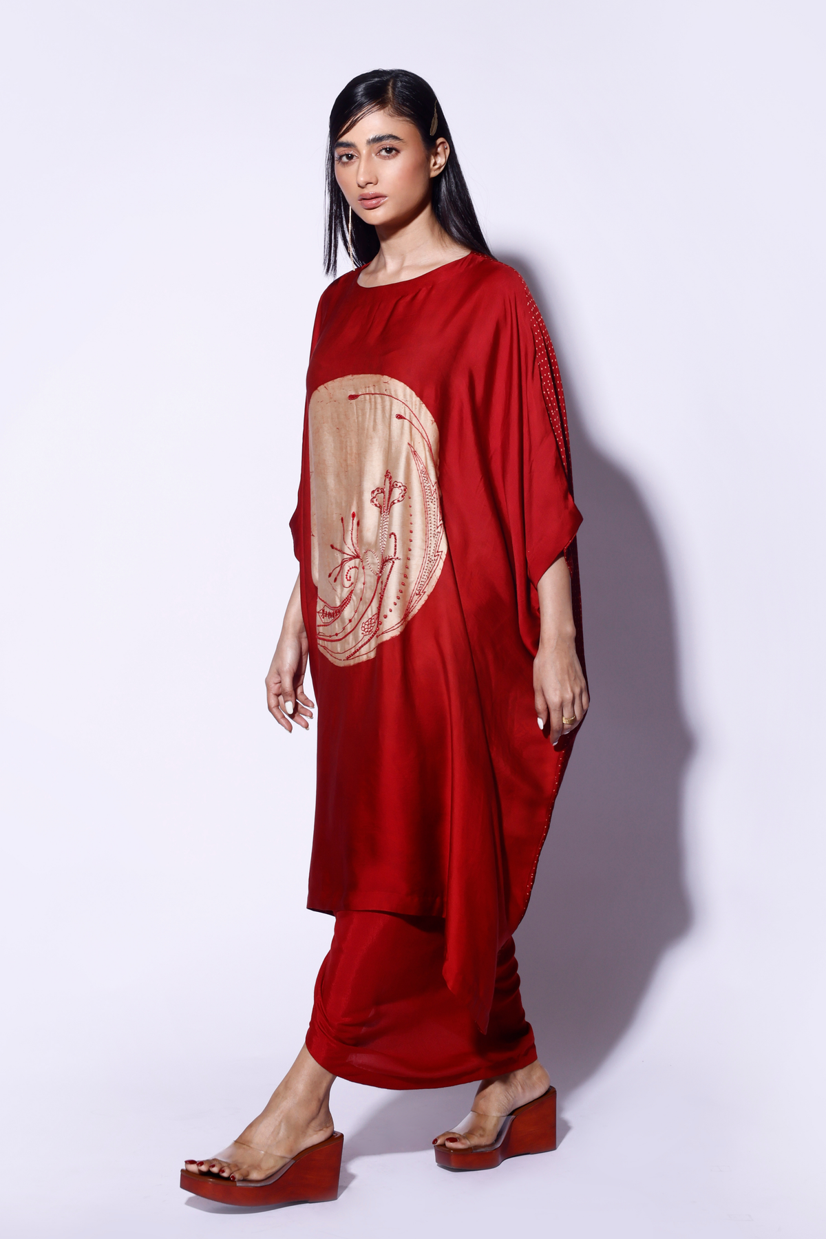 Red Circle Embroidered Kaftan