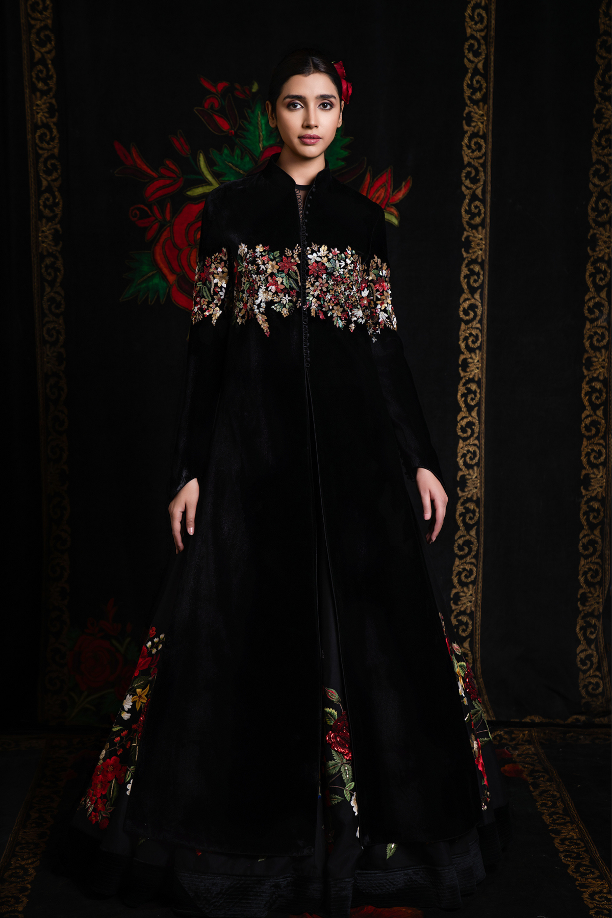 Black Long Jacket With Embroidery