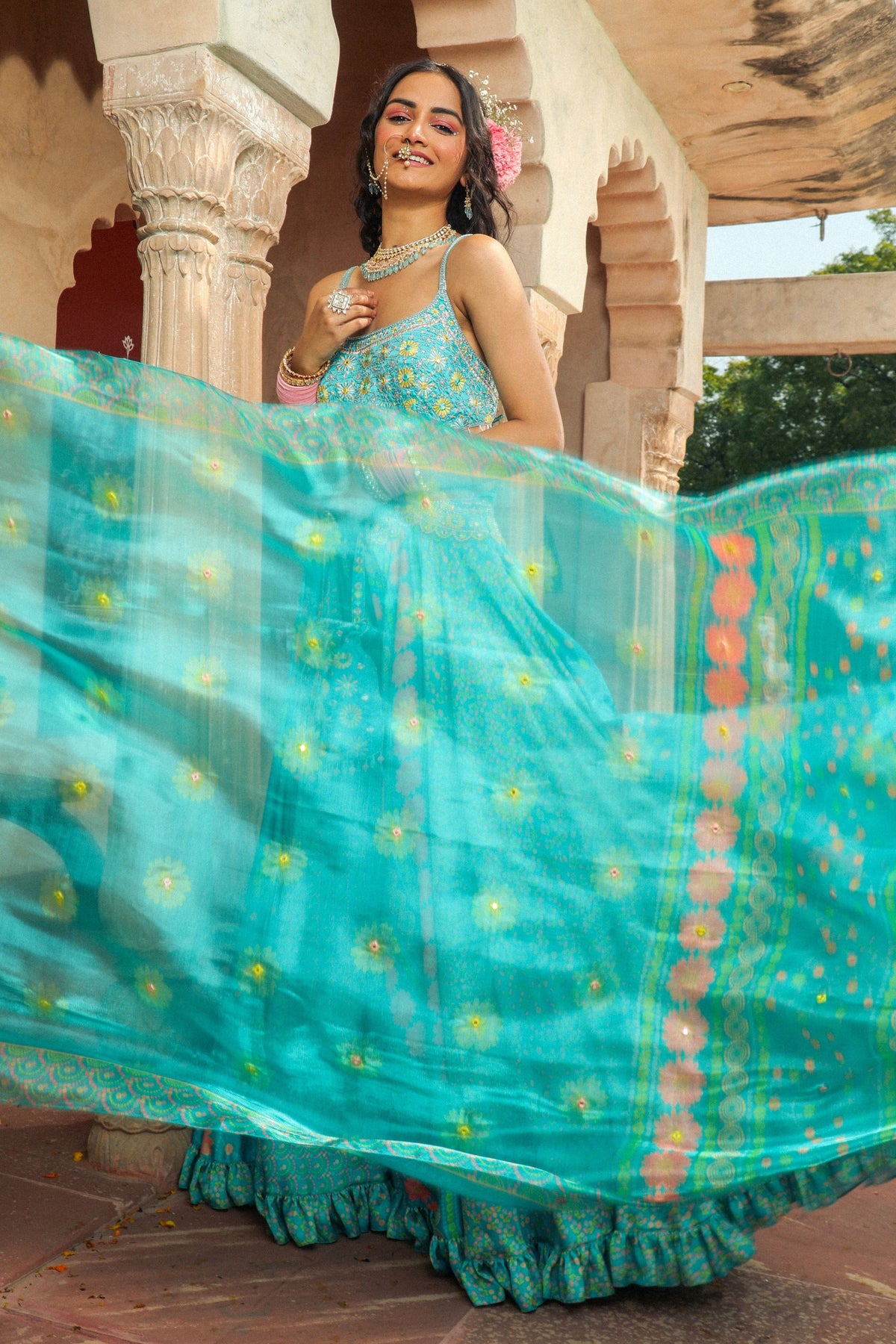 Aqua Embroidered and Printed Lehenga Set