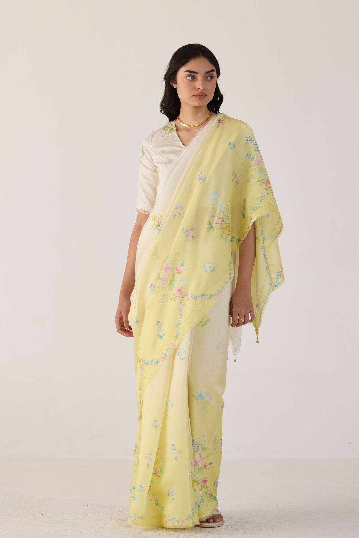 Yellow Clover Field Mulberry Organza Silk Sari