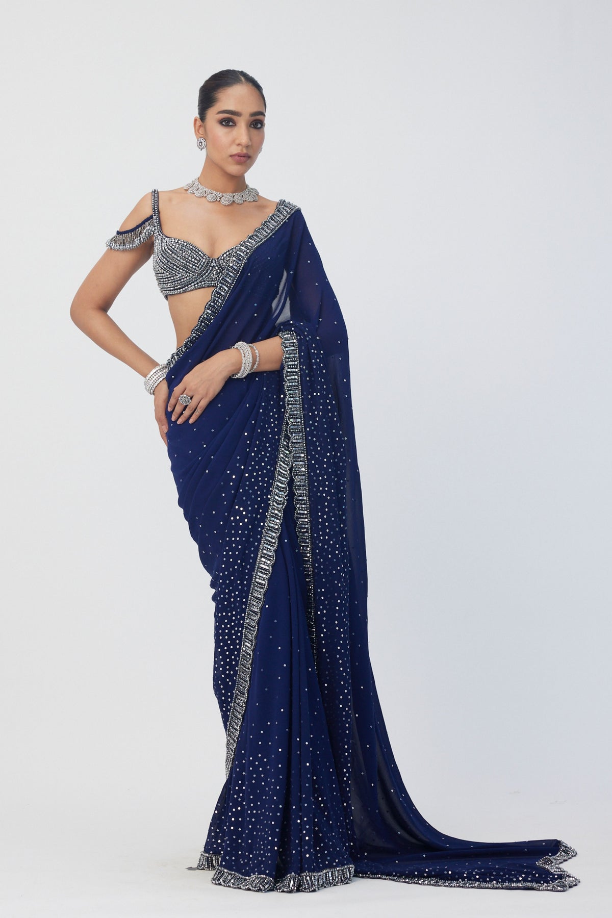 Deep Blue Embroidered Saree Set