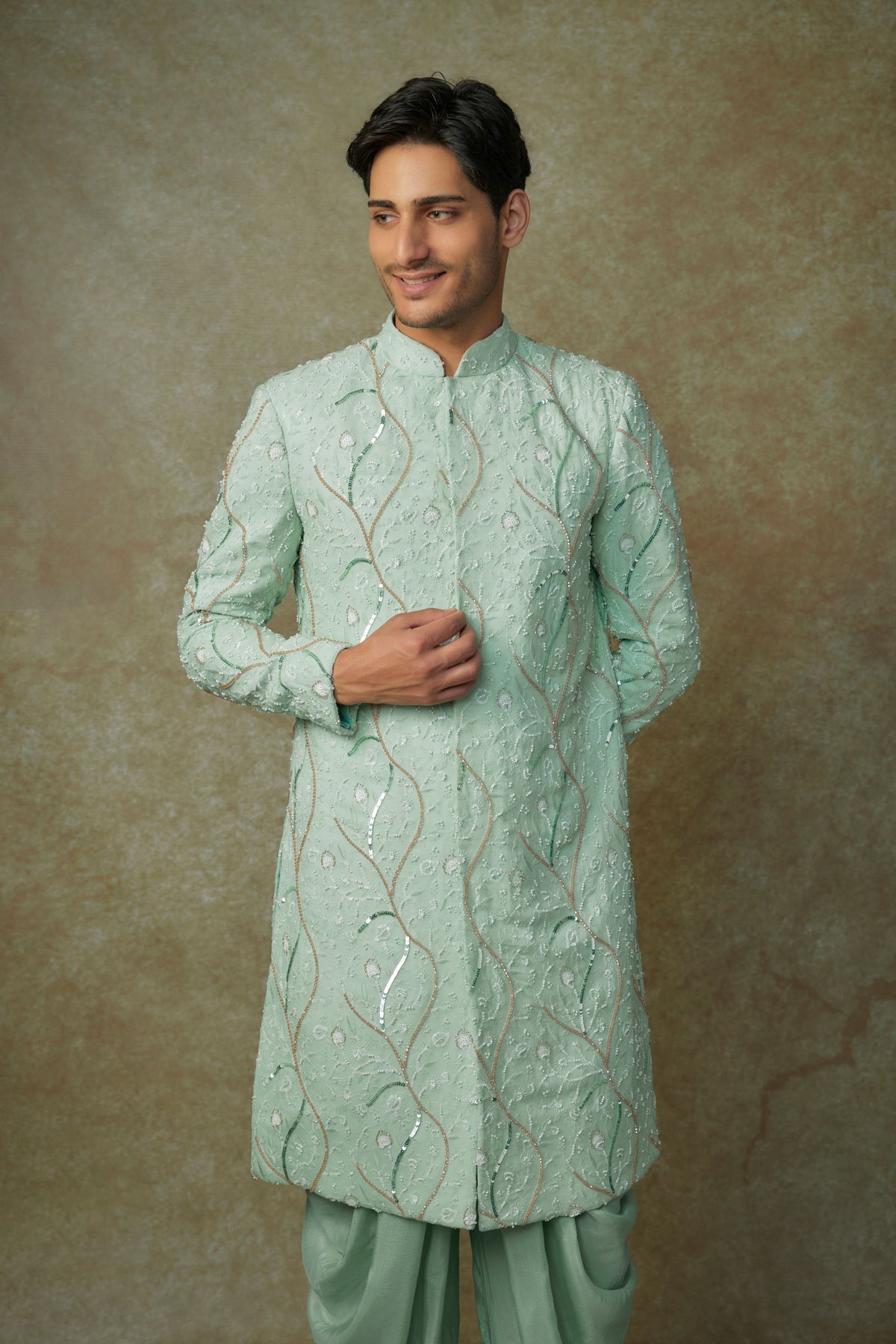 Mint Embroidered Sherwani Set