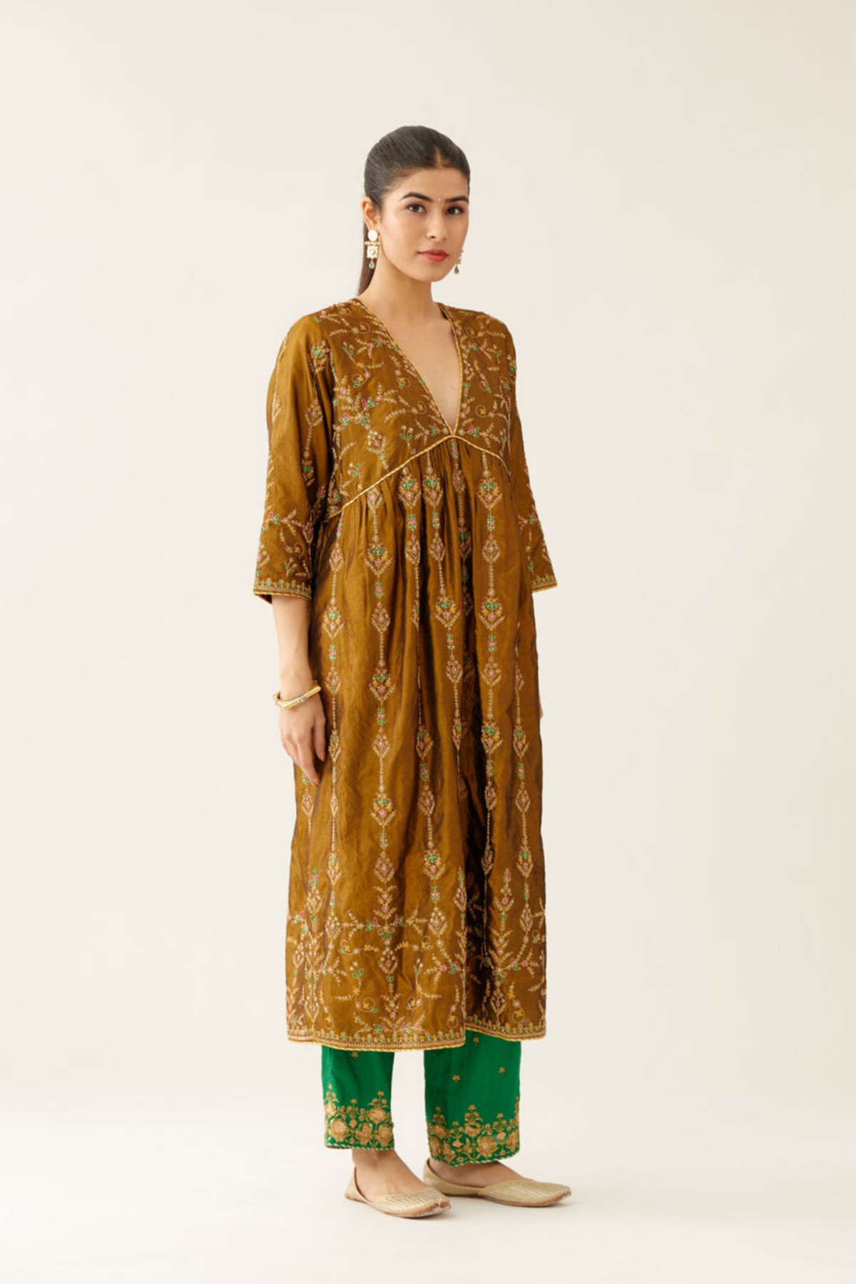 Golden Olive Silk Embroidered Kurta Set