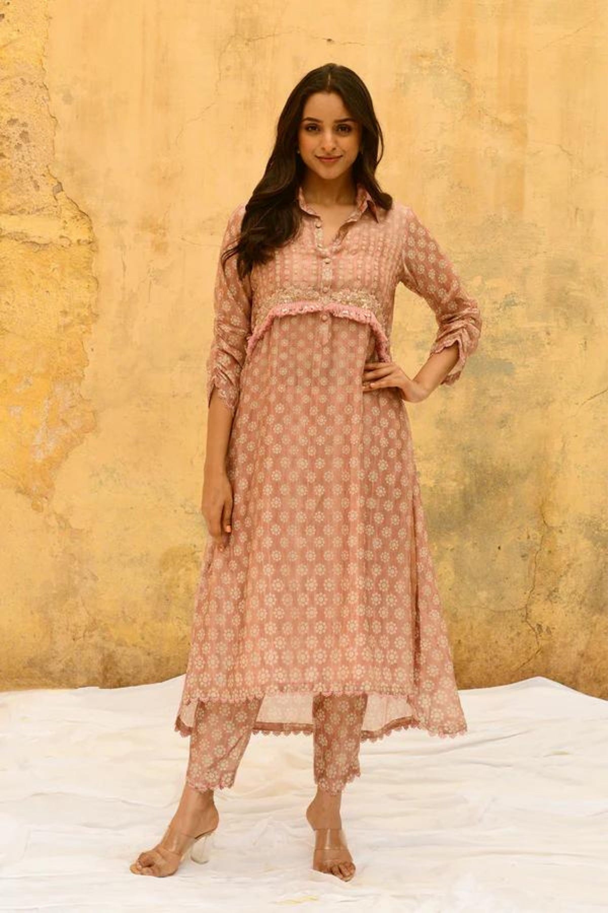 Pink Cascade Collar Kurta Set