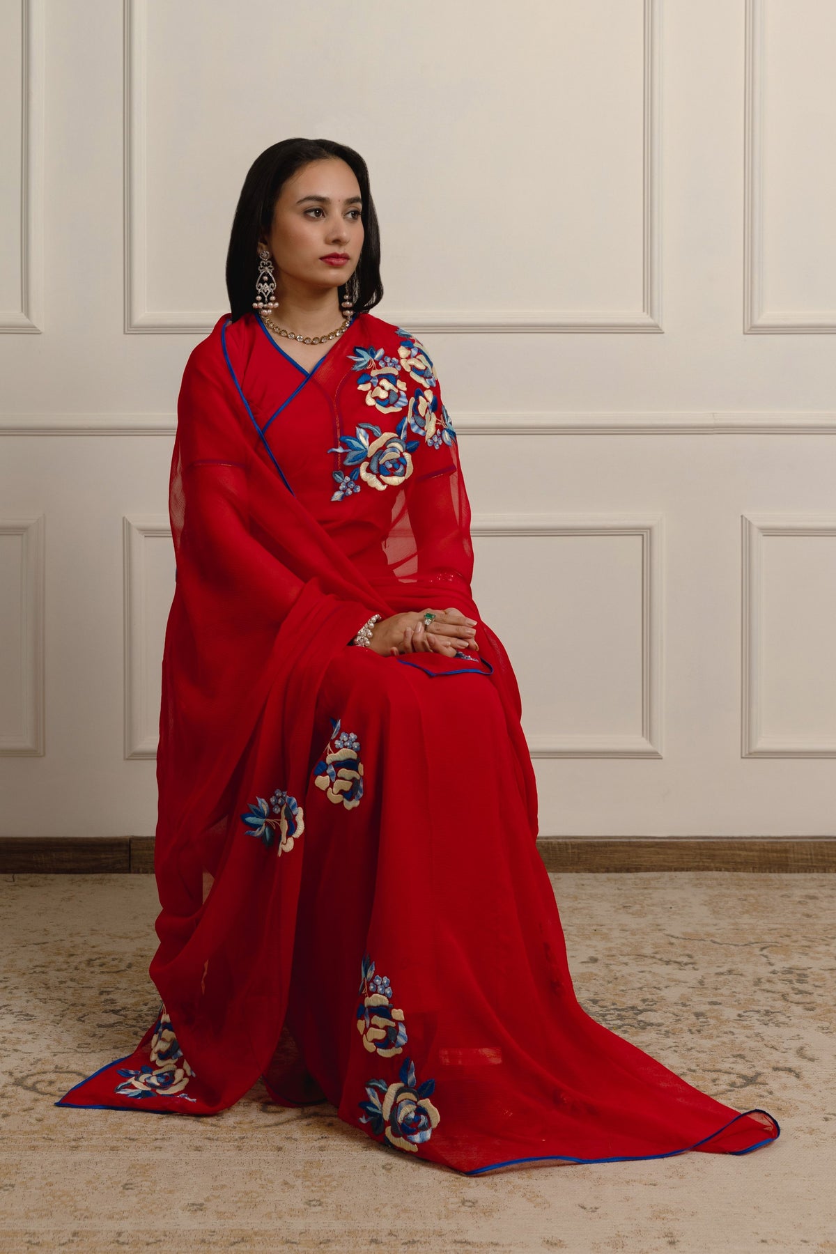 Jivantika Harshini Red Chiffon Saree