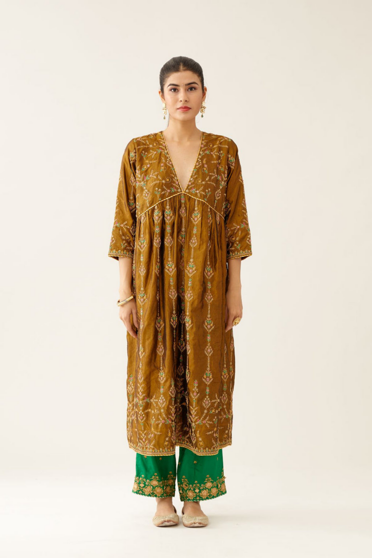 Golden Olive Silk Embroidered Kurta Set