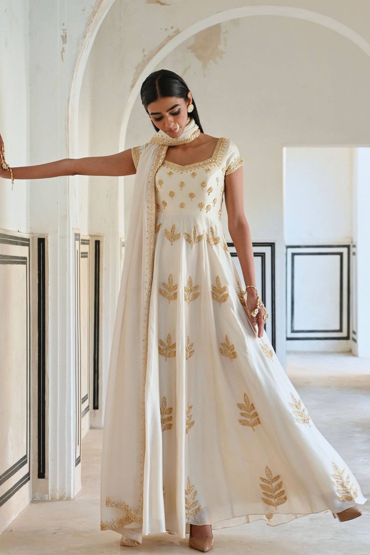 Ivory Embroidered Anarkali Set