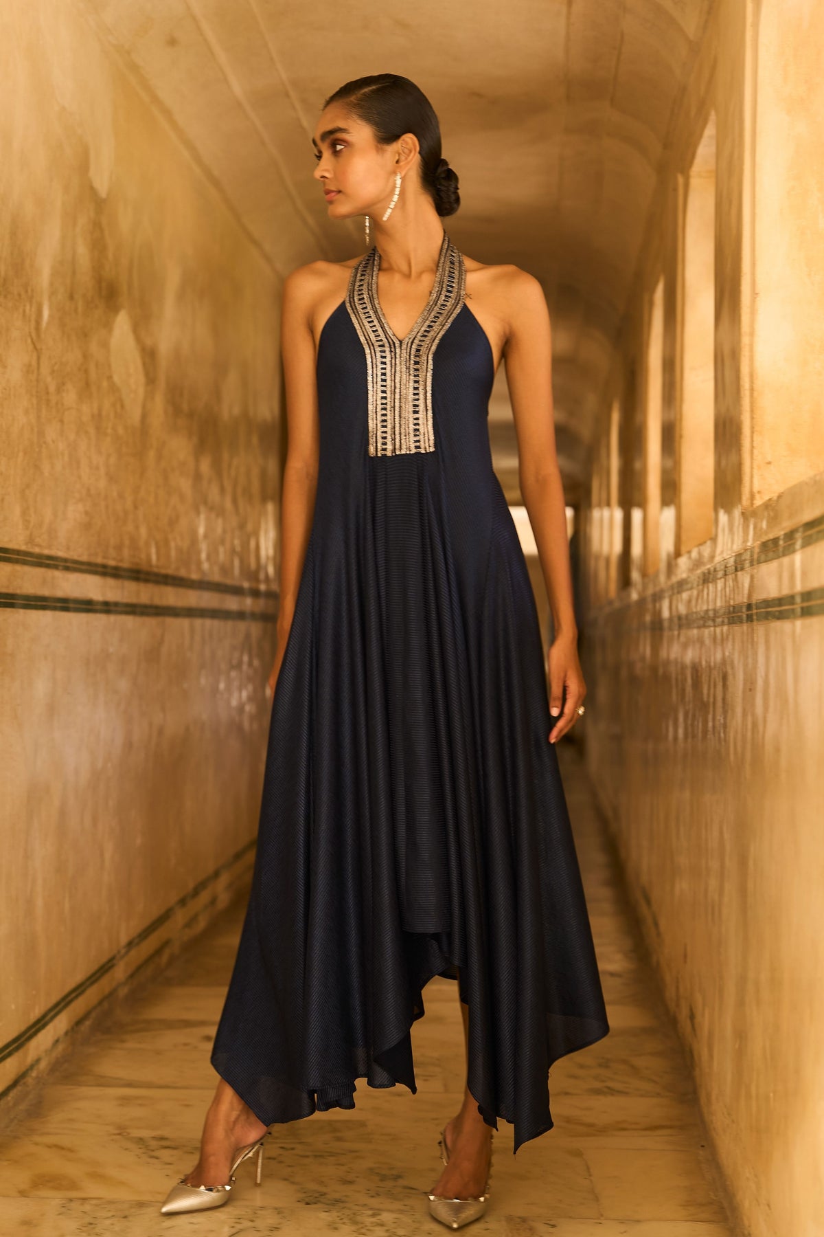 Embroidered Halter Metallic Maxi