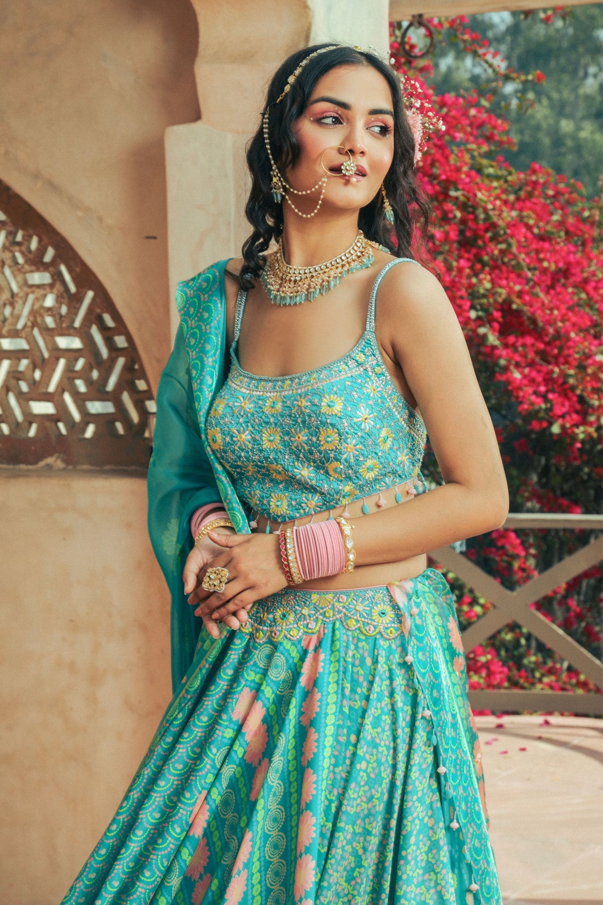 Aqua Embroidered and Printed Lehenga Set