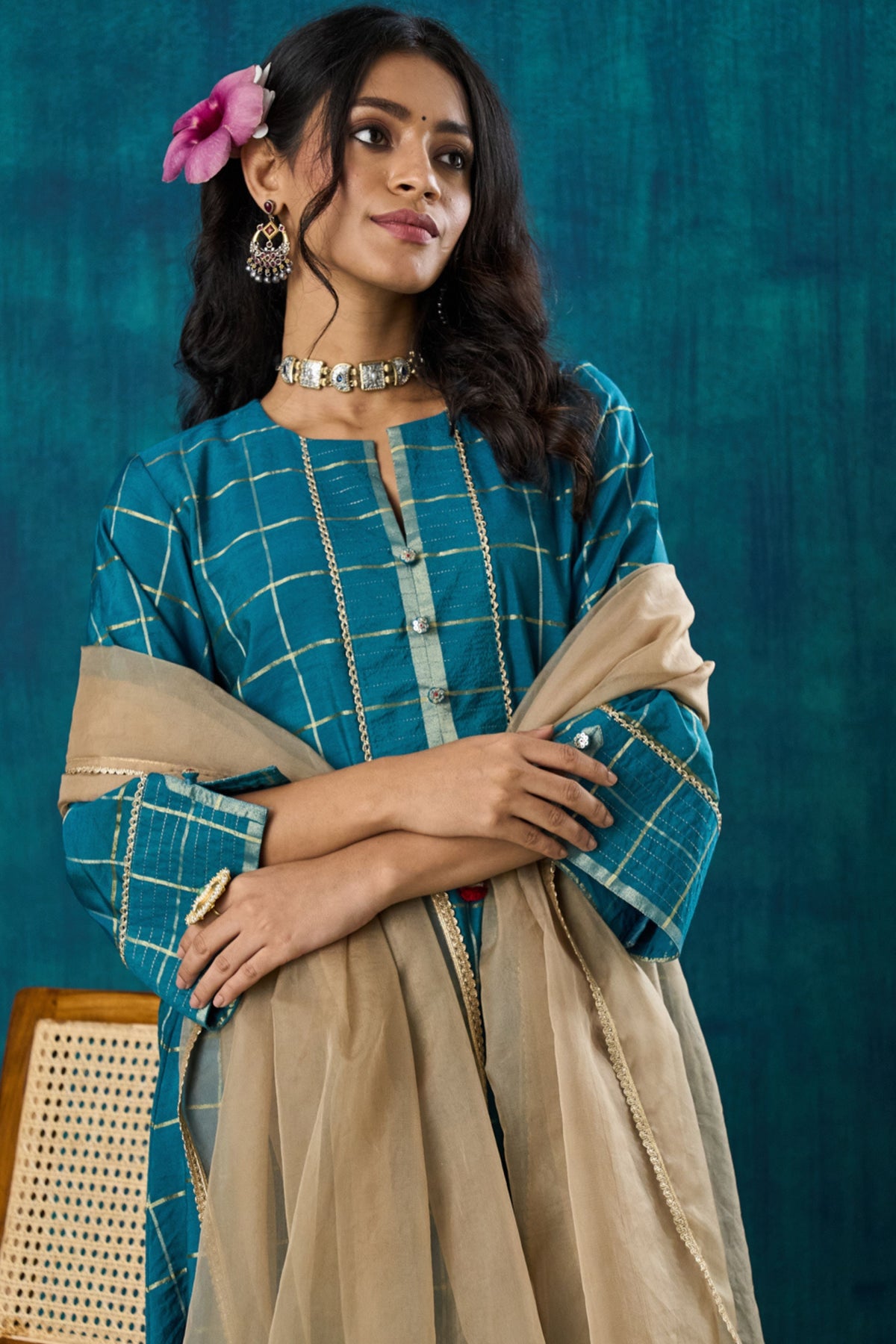 Turquoise Checks Kurta Sets