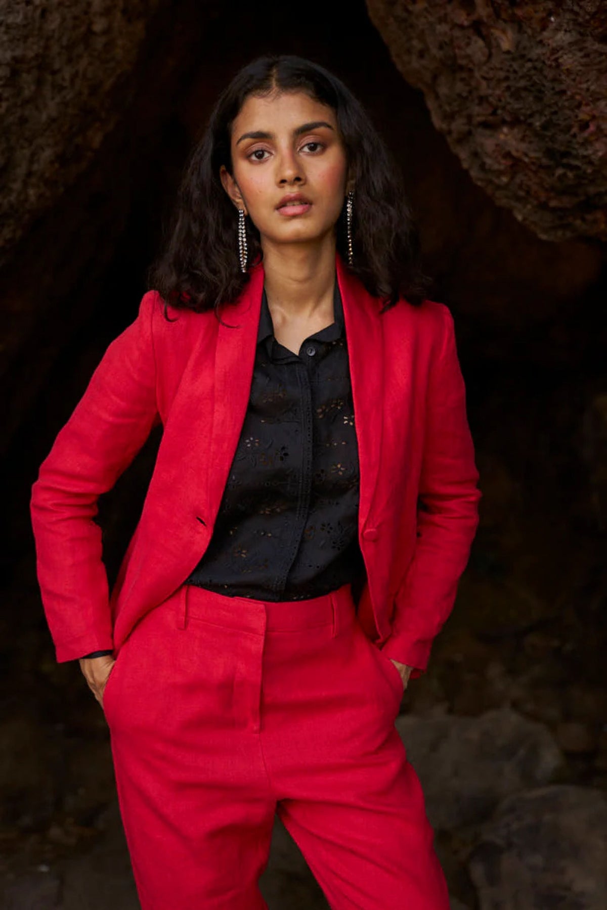 Red Linen Blazer Set