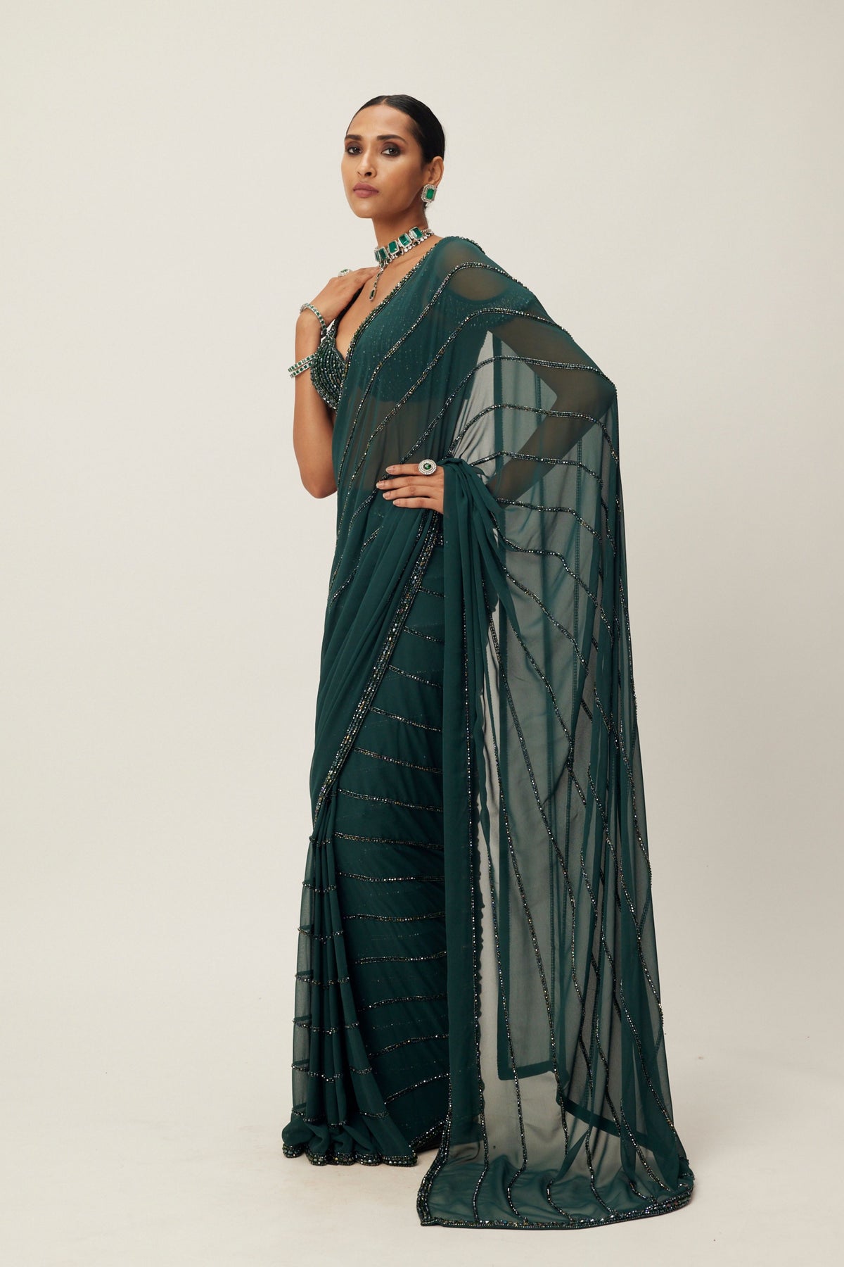 Dark Jade Green Embroidered Saree Set