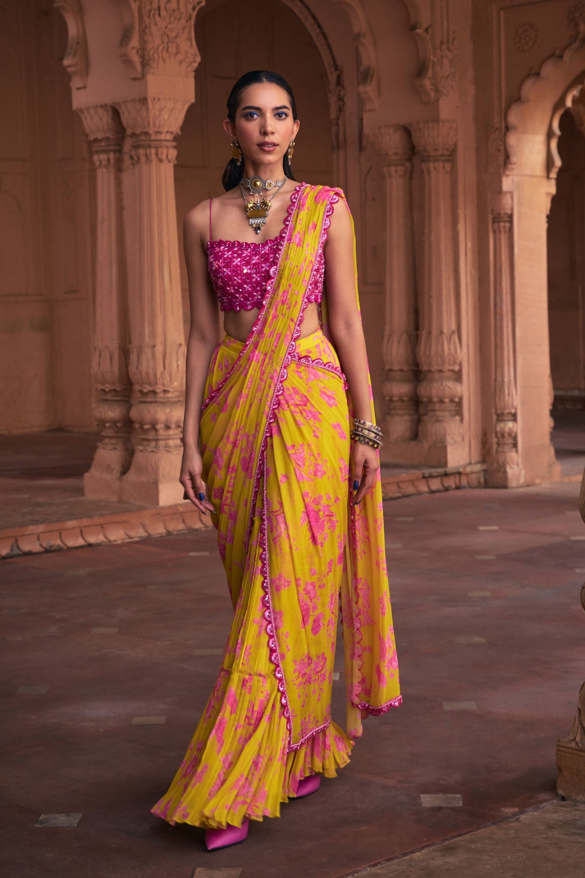 Fuchsia Draped Saree Set