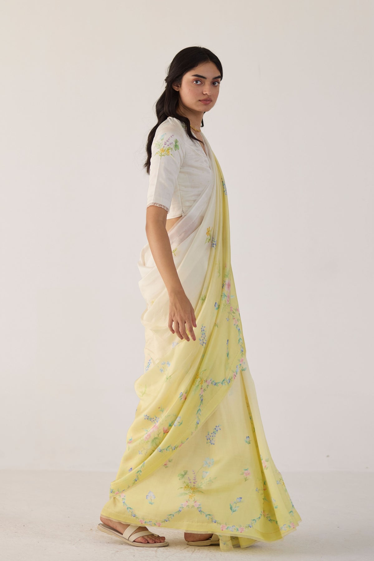 Yellow Clover Field Mulberry Organza Silk Sari