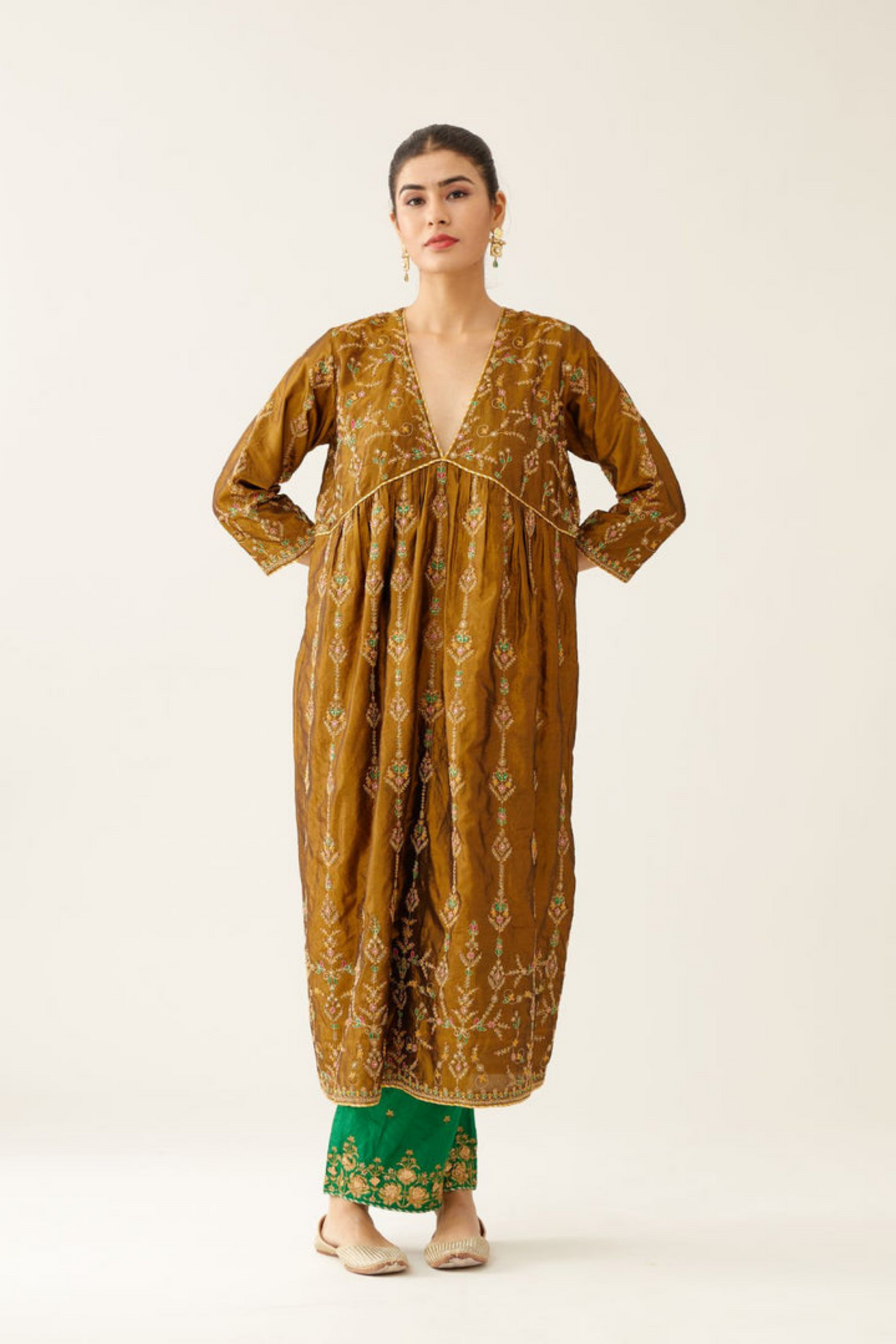 Golden Olive Silk Embroidered Kurta Set