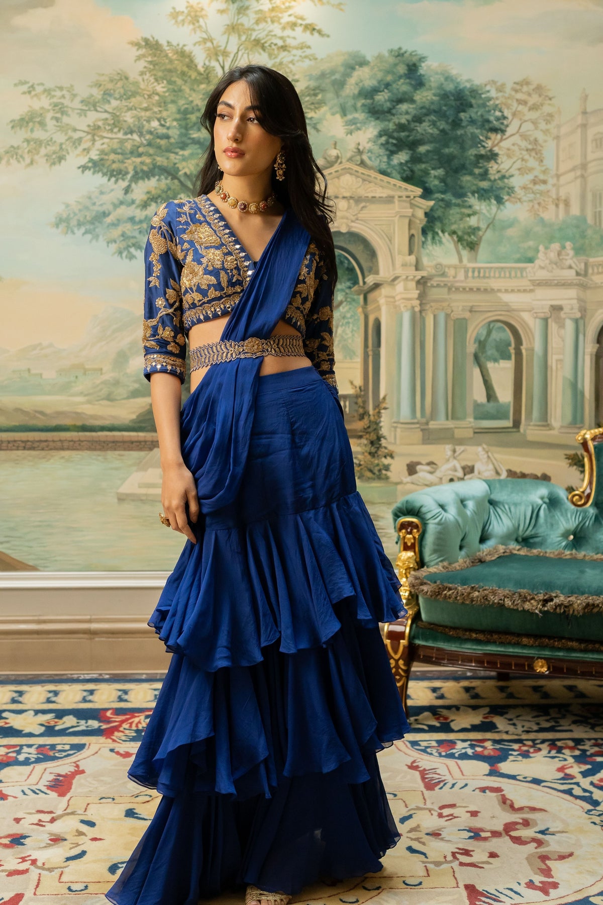 Electric Blue 3 Layer Saree Set