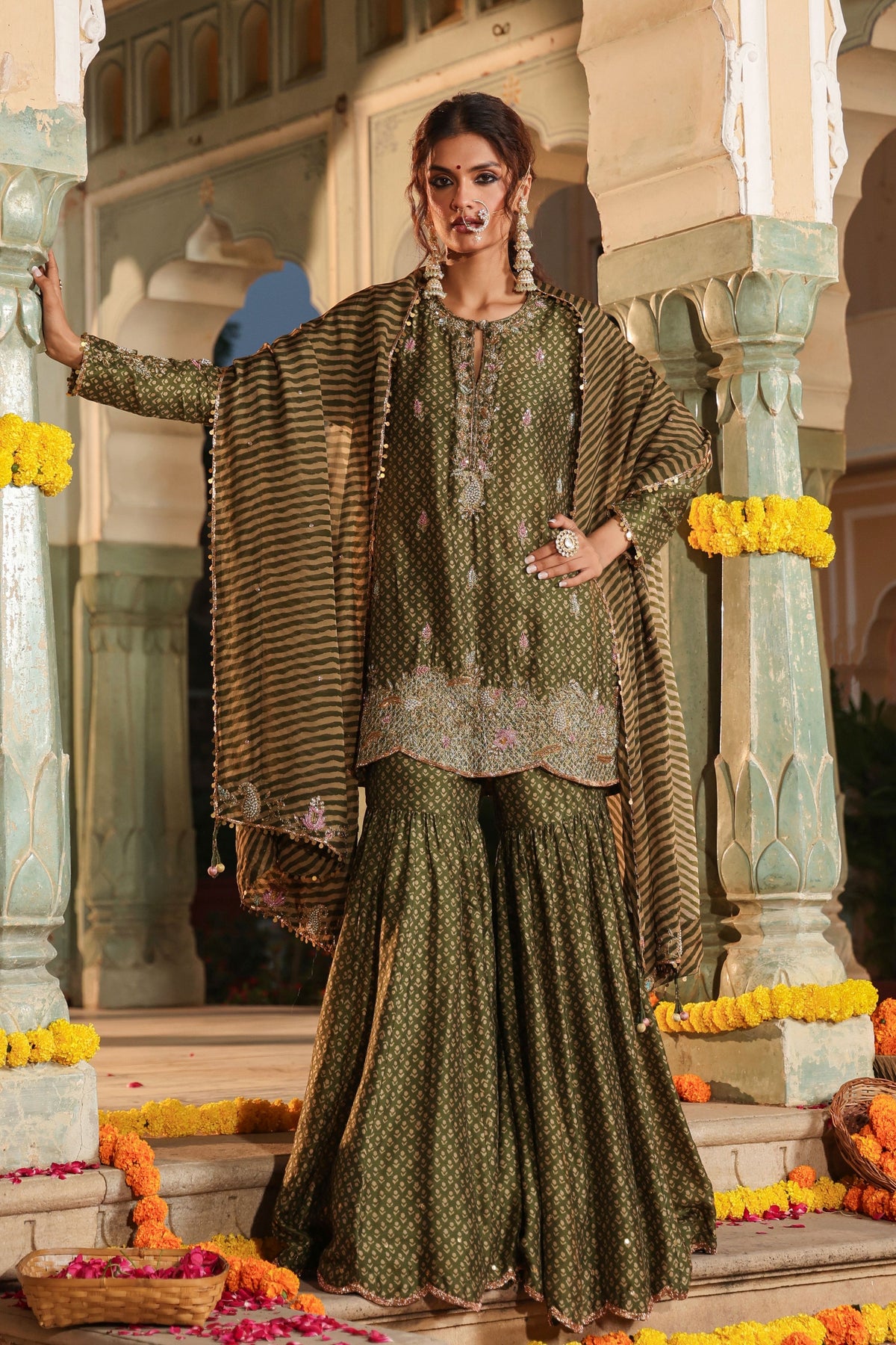 Printed Olive Green Sharara Set