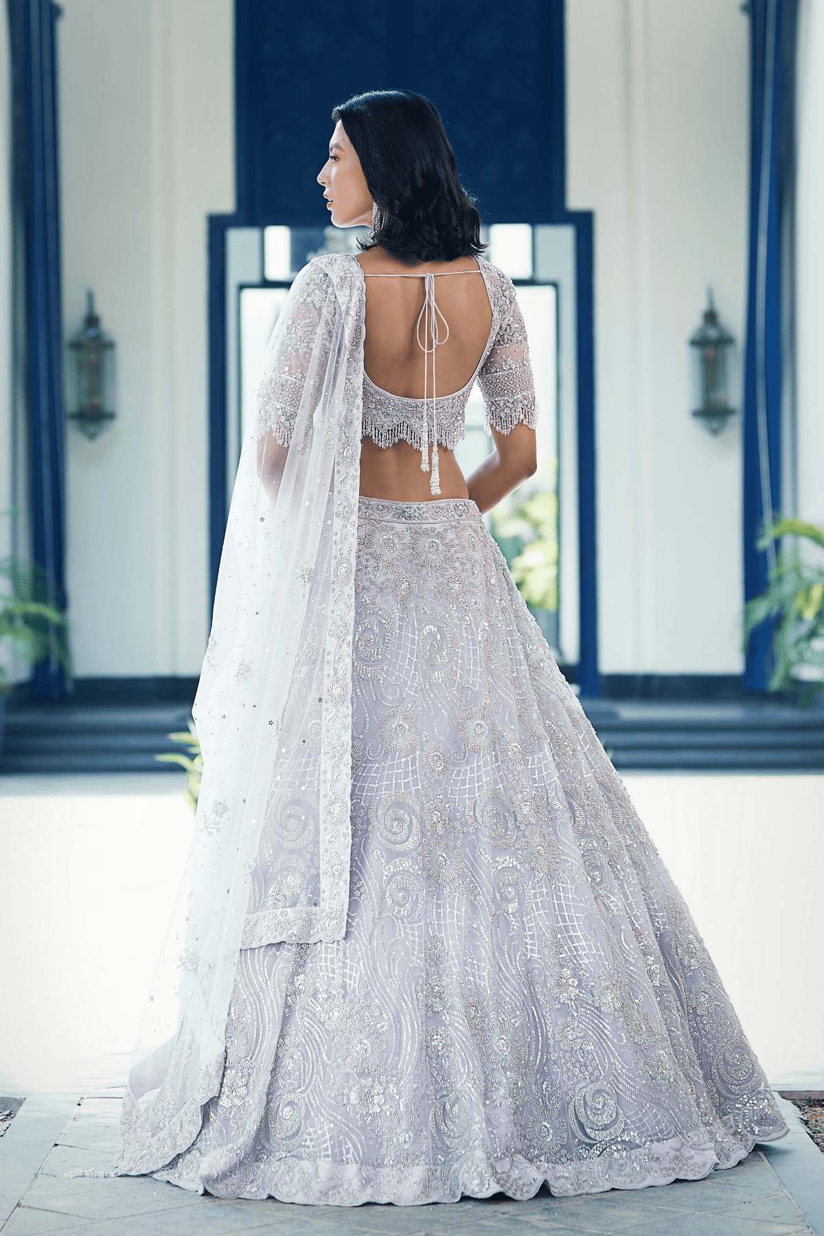 Lilac Embroidered Net Lehenga Set