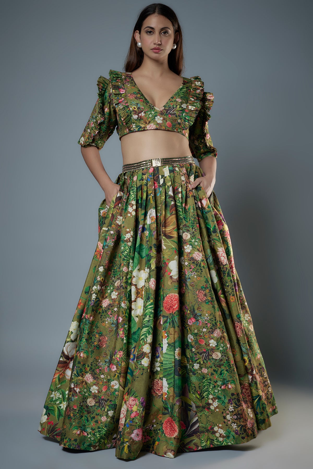 Botanical Printed Green Lehenga Set