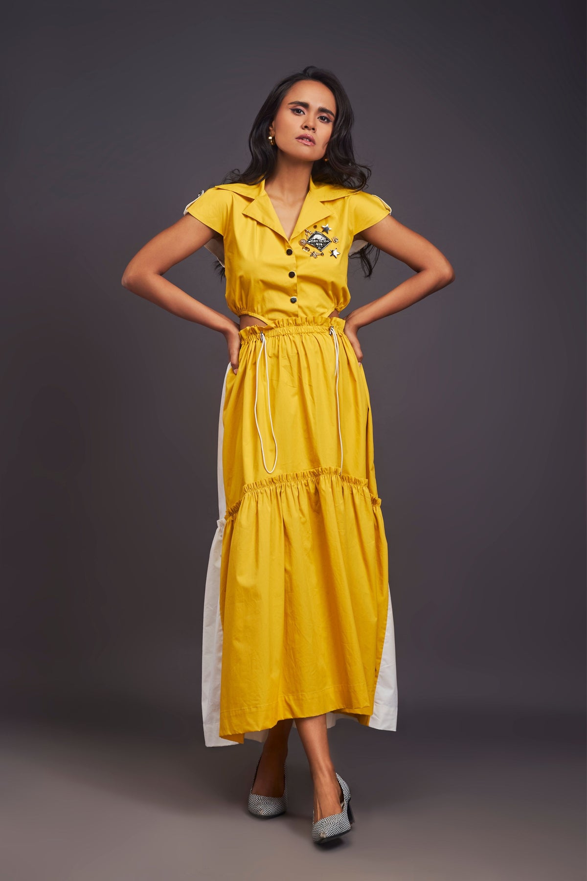 Lapel Collar Yellow Long Dress