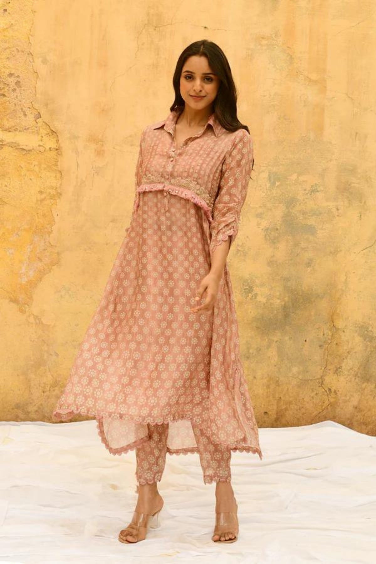 Pink Cascade Collar Kurta Set