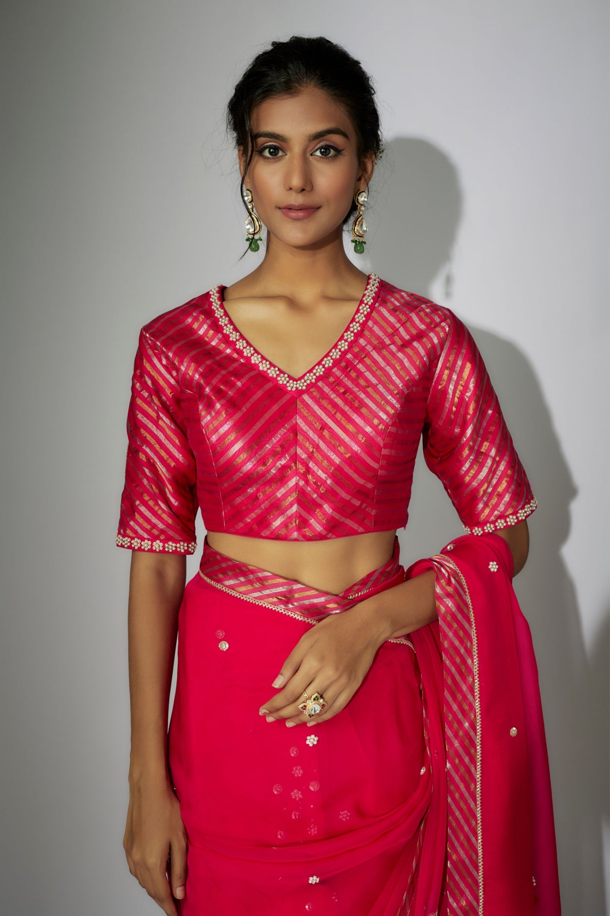 Hot Pink Embroidered Saree Set