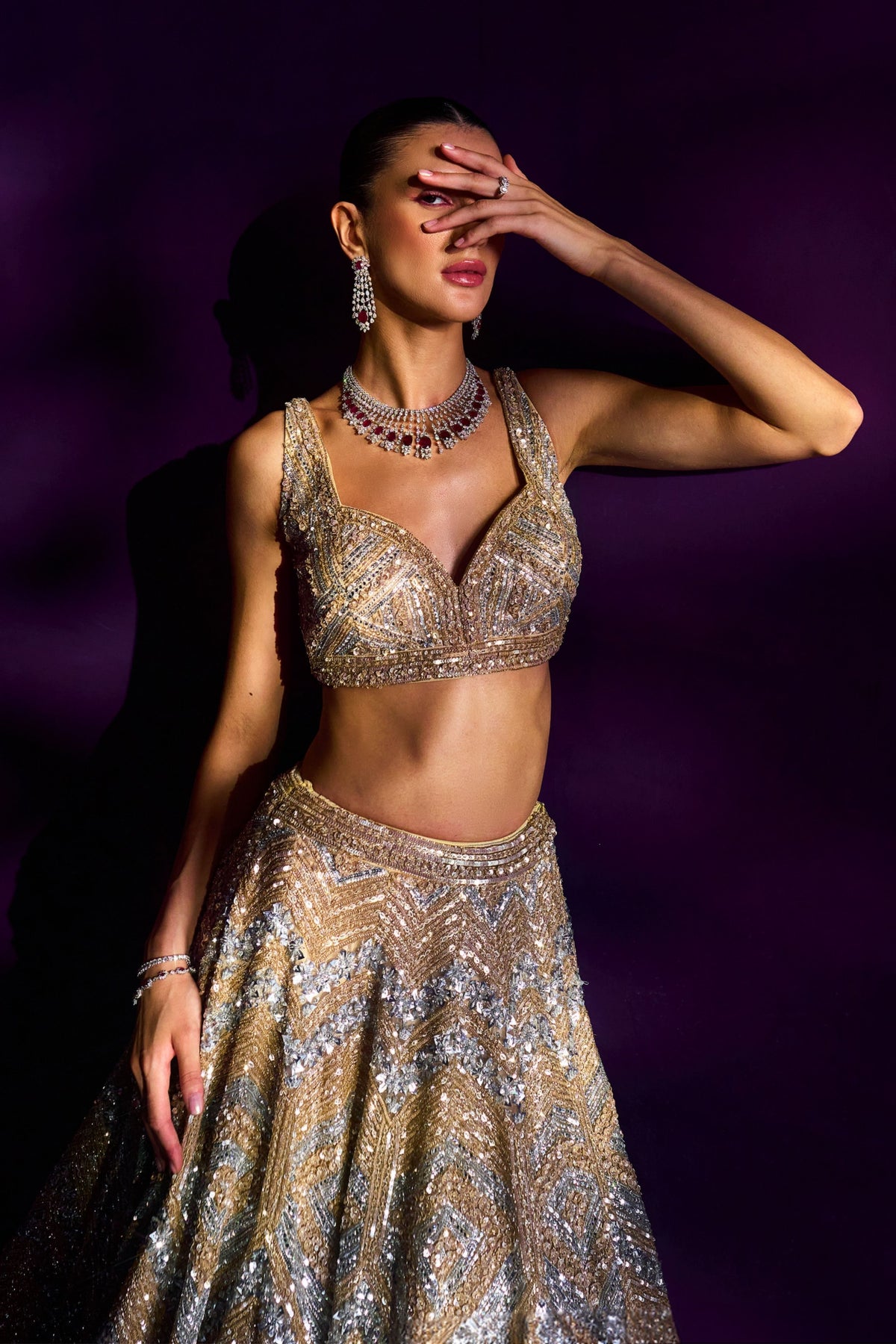 Gold Silver Net Lehenga Set