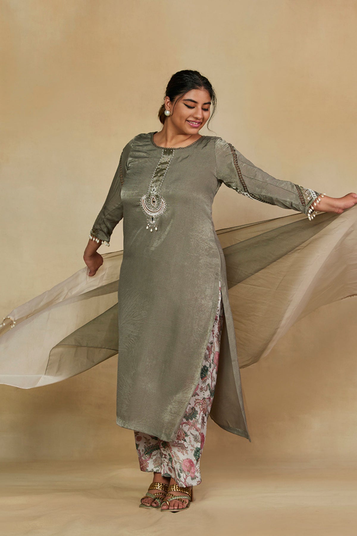 Embellished Kurta with Printed Pants