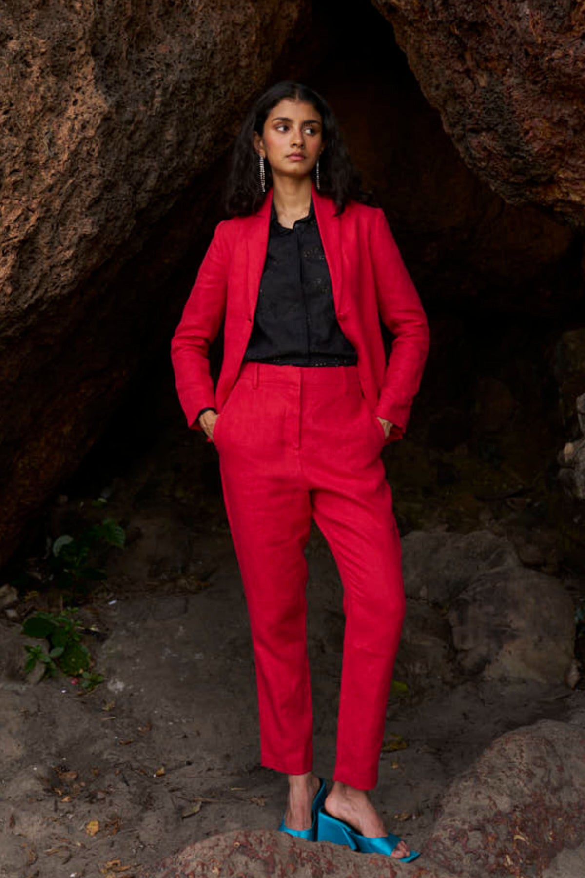 Red Linen Blazer Set